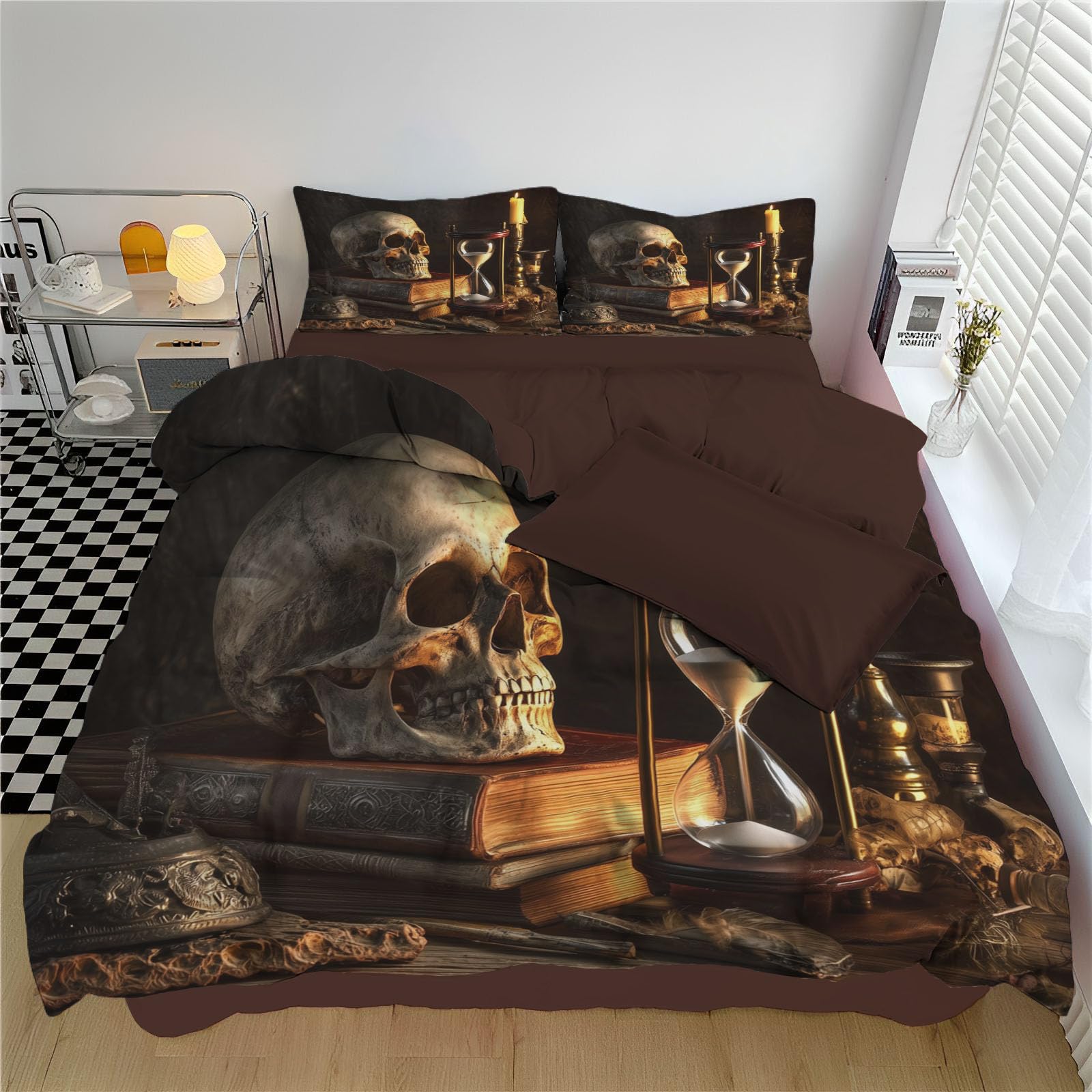 Housse de couette fermeture éclair 240x260cm motif crâne gothique et taies