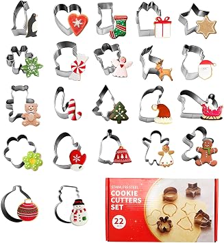 Mini Christmas Cookie Cutters Set with Dough Cutter, 22 PCS Stainless Steel Holiday Cookie Cutters for Baking - Gingerbread Man Tree Snowflake Candy Santa Reindeer and More