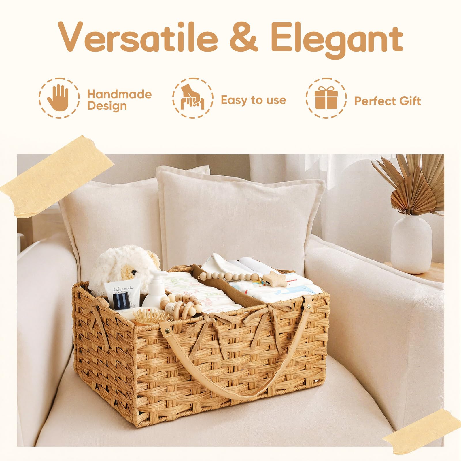 Organiseur de table à langer - Panier de rangement tressé en rotin synthétique - Organiseur de luxe tissé à la main pour fournitures de bébé - Cadeau de naissance indispensable (Naturel, XL)