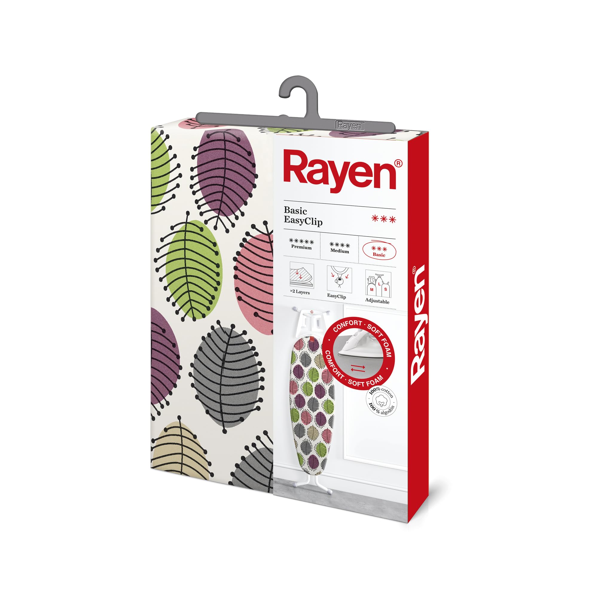 Rayen | Universal ironing board cover | Easy to install with EasyClip system | 2 layers: Foam and 100% printed cotton fabric | Basic range of Rayen | Measures: 130x47 cm
