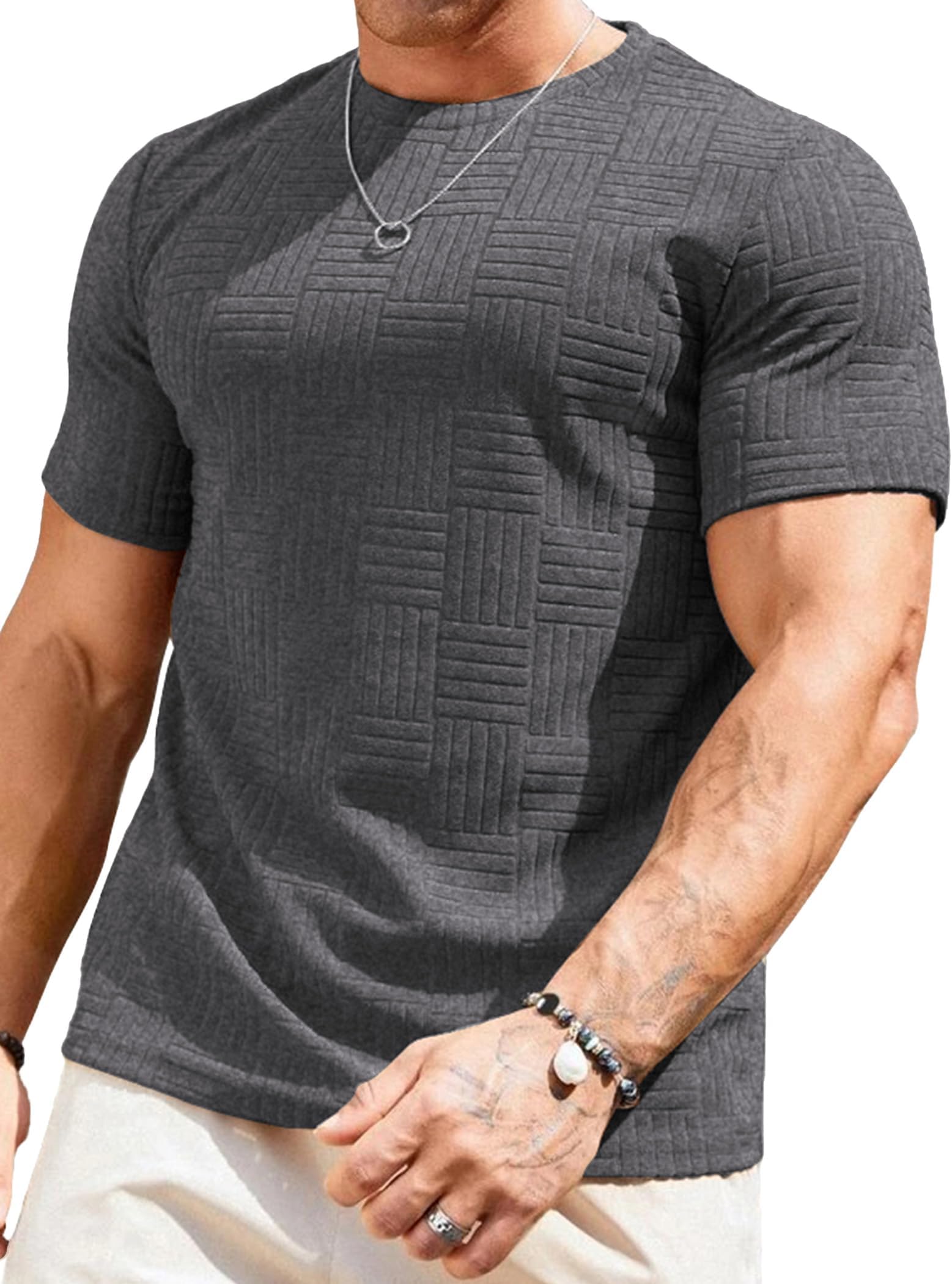 JMIERR Mens T Shirt Short Sleeve Plain Solid Basic Sportwear Casual Crewneck Tops Muscle Tee Textured Shirt