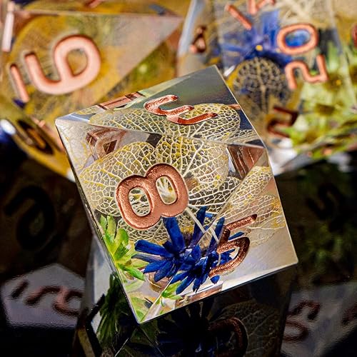Miniatura 5 de ARUOHHA DND - Juego de dados de resina translúcidos de hoja amarilla con bordes afilados, 7 piezas de inclusiones de flores, dados poliédricos para
