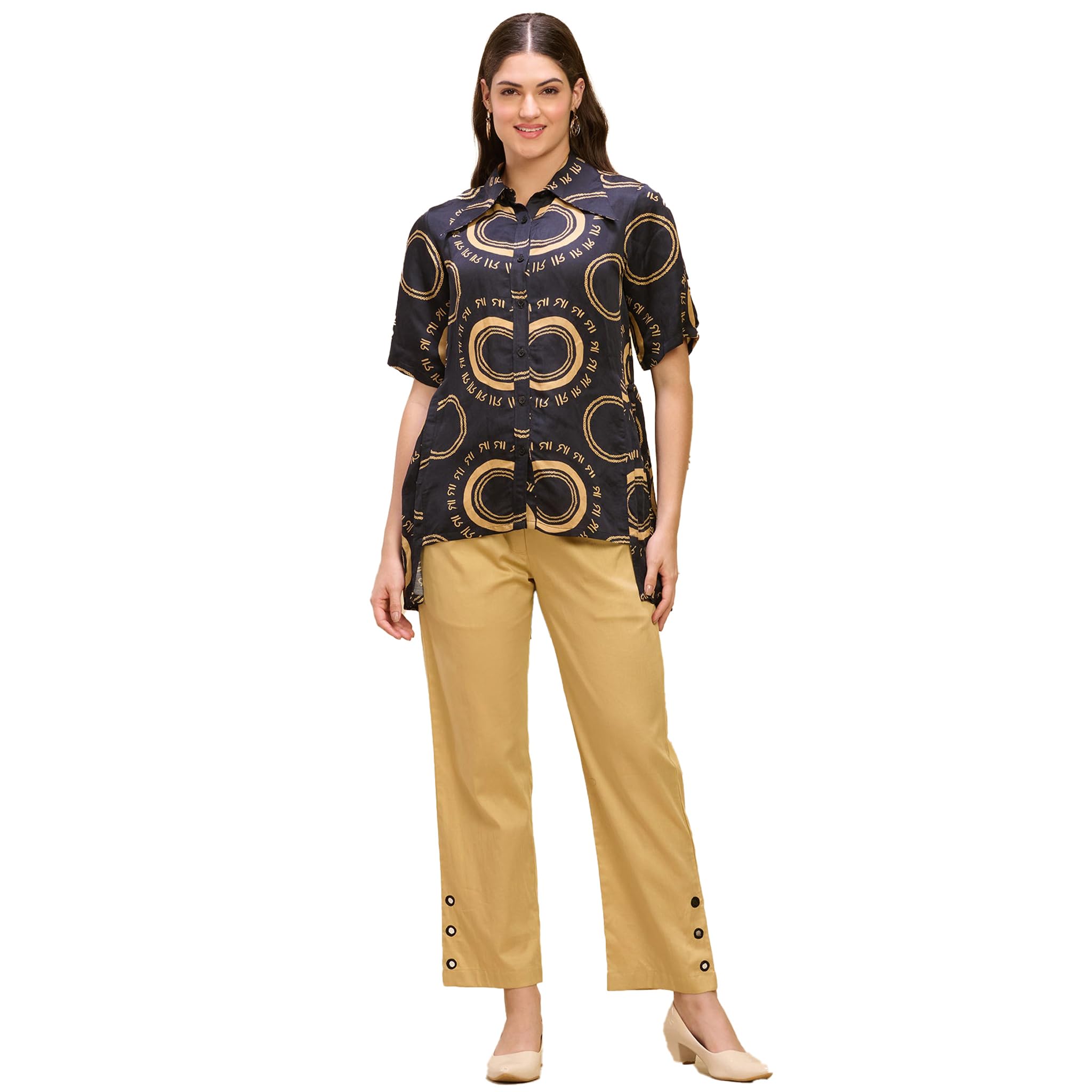 black and golden maa print pleated shirt and mirror hand embroidered straight trouser set