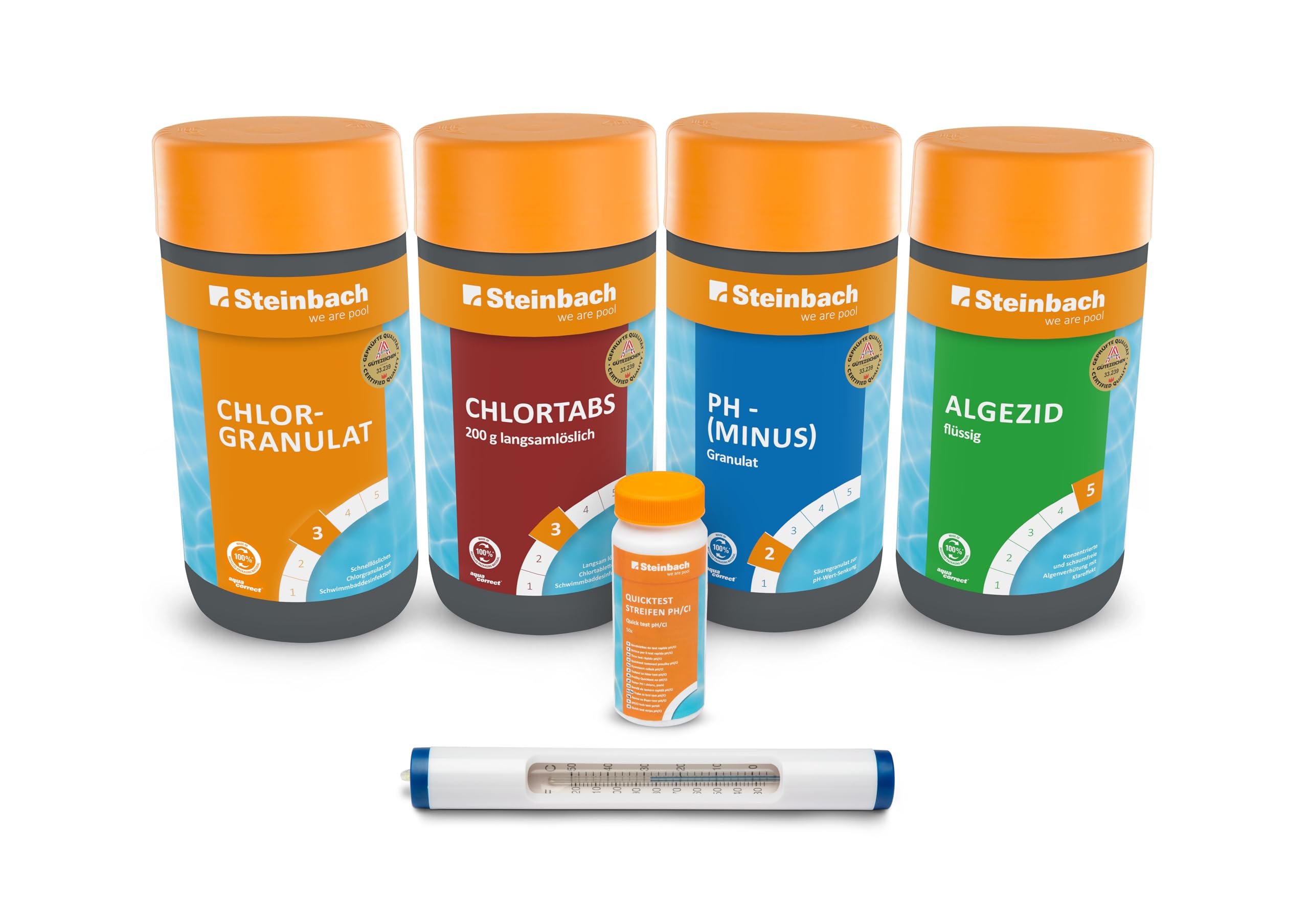 Steinbach Poolpflege Chlor Starterset - 0759001TS - 6-teiliges Komplettset für sauberes Poolwasser - Mit Chlorgranulat, Chlortabletten, Algezid, pH-Minus, Teststreifen & Thermometer