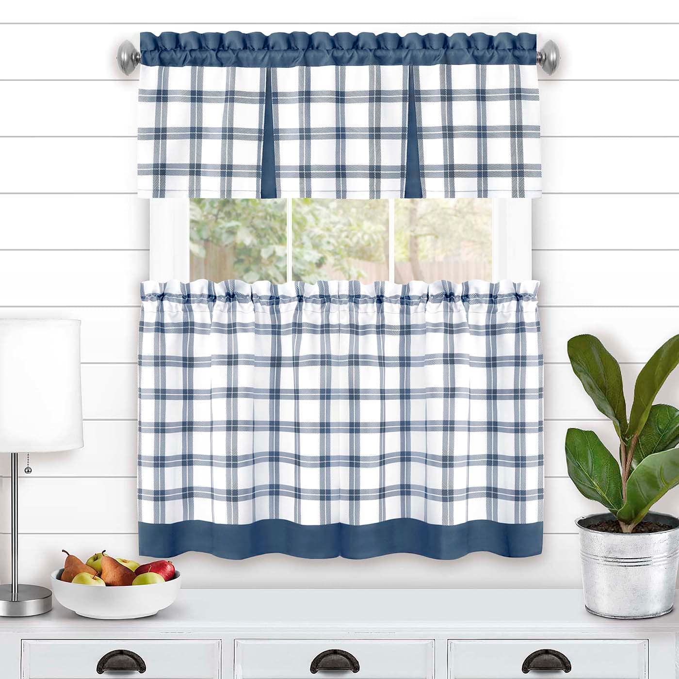 Rideaux brise-bise 58x36 tringle 1,5 pouce bleu carreaux