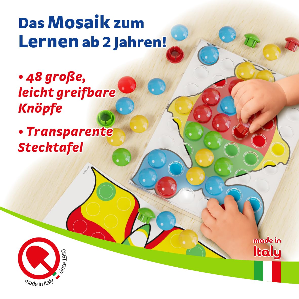 Quercetti Fantacolor Junior 48, Montessori Spielzeug 2 Jahre, Mosaik Spiel mit Magnetspiel Funktion, Lernspiele Kinder, Reisespiele, Geschenk Mädchen