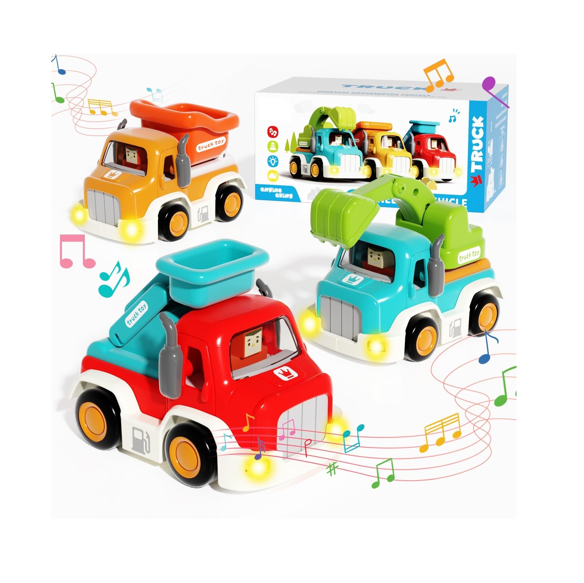 goeringii 3 Packs Construction Truck Toy Playsets, Friction Powered Vehicles with Light and Sound, Including Excavator, Dumper, Firetruck, Toddler Kids Boys Gifts
