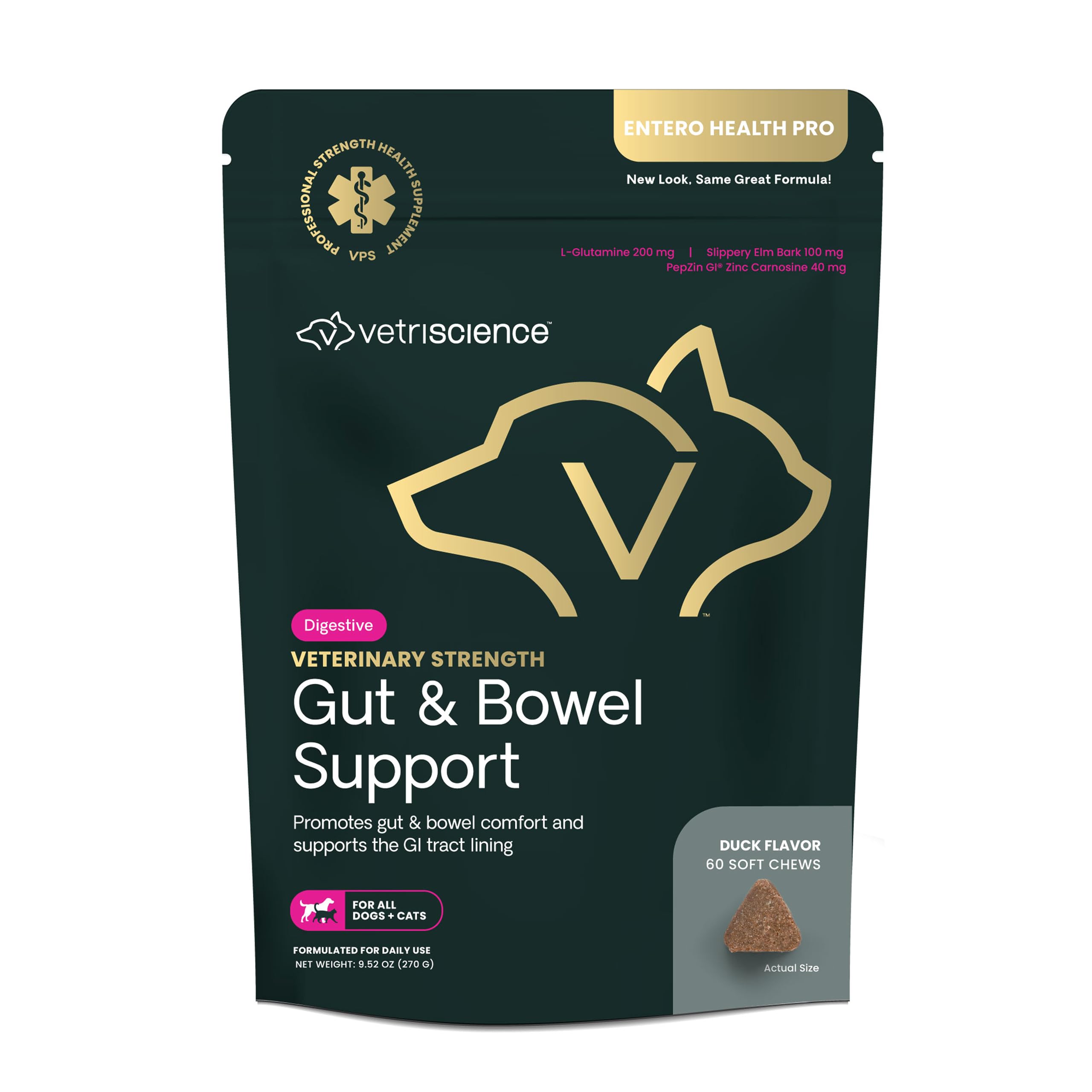 VETRISCIENCE Veterinary Strength Gut & Bowel Support for Dogs & Cats - Pet Digestive Health Supplement - Gut Health Formula - Intestinal Support - Duck Flavor - 60 Count