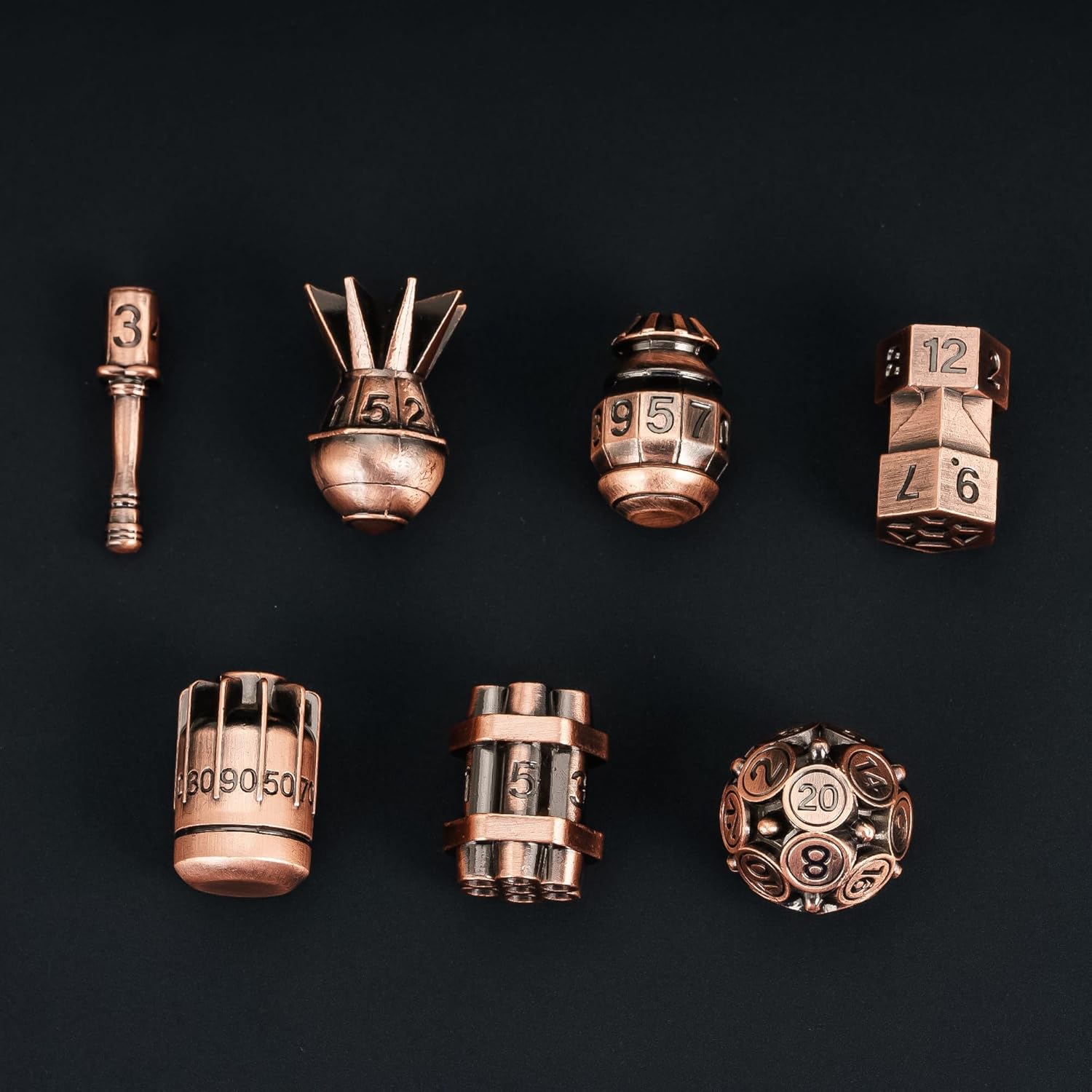 UDIXI Metal DND Dice Set Polyhedral 7-Die Bomb-Shaped Metal D&D Dice Set with Leather Pouch for RPG and Other Tabletop Game(Ancient Copper)
