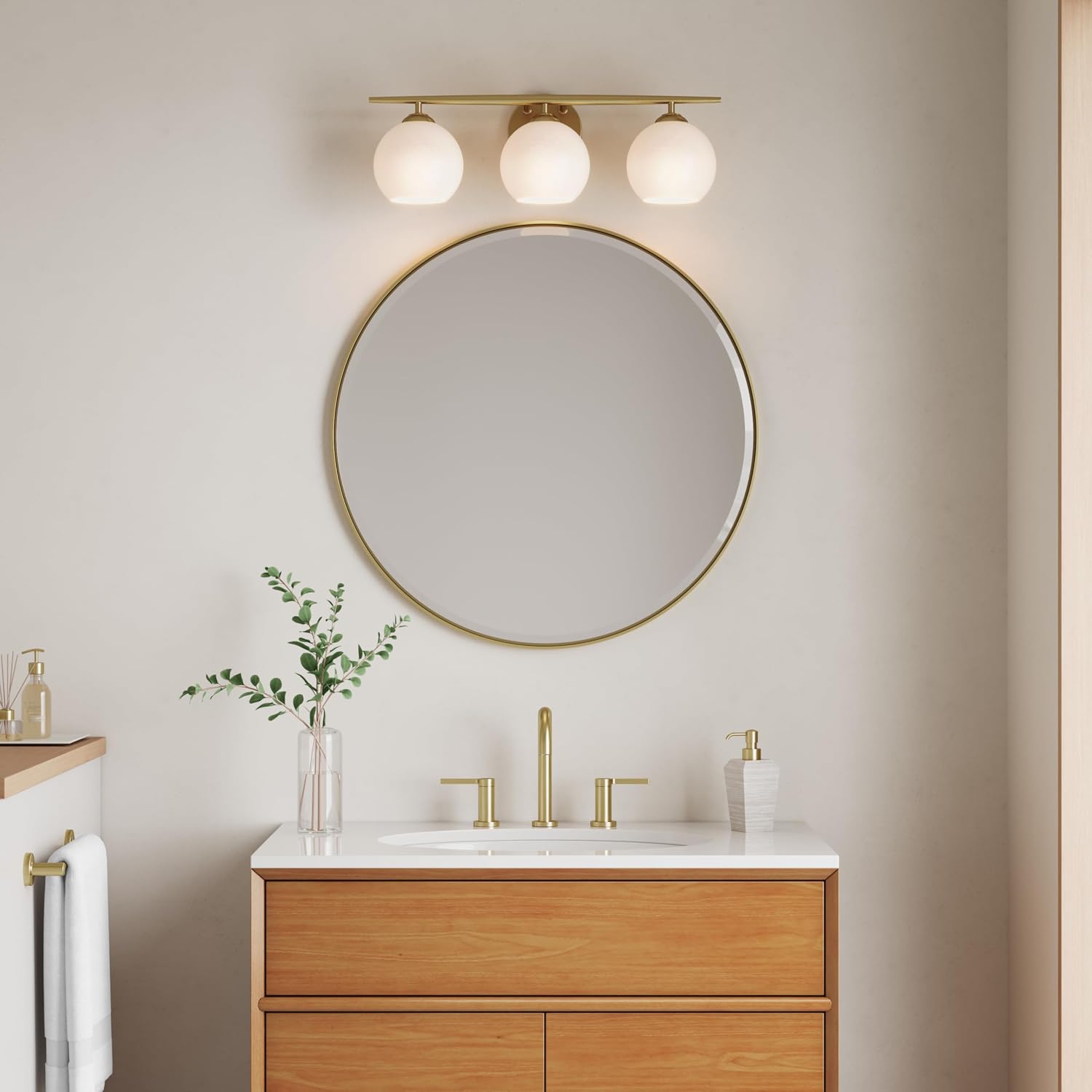 ML Lighting | Kimorra Collection | 18103-VB | Indoor 3 Light Vanity in Vintage Brass with White Cloud Glass Shade | Elegant and Versatile Design for Any Bathroom
