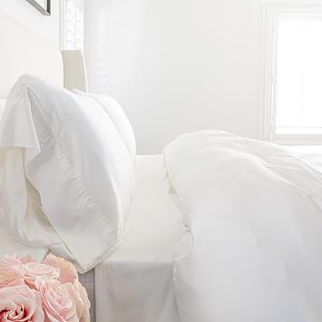 KICKEE Sheet Set, 100% Viscose from Bamboo, Sateen Weave, Silky Soft Bedding for Heavenly Comfort, Best 300 Thread Count White Cloud, CA King