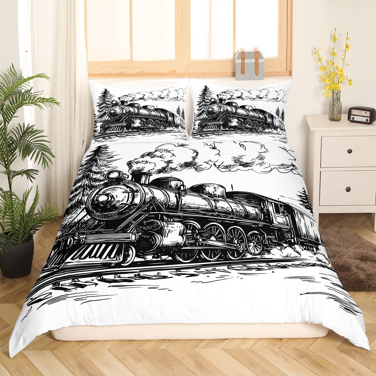 Erosebridal Train Comforter Cover Steam Tain Bedding Set for Toddler Kids Teenagers, Cartoon Graffiti Old-Fashioned Train Duvet Cover Hand Drawn Sketch Black White Rail Vehicles Quilt Cover,King