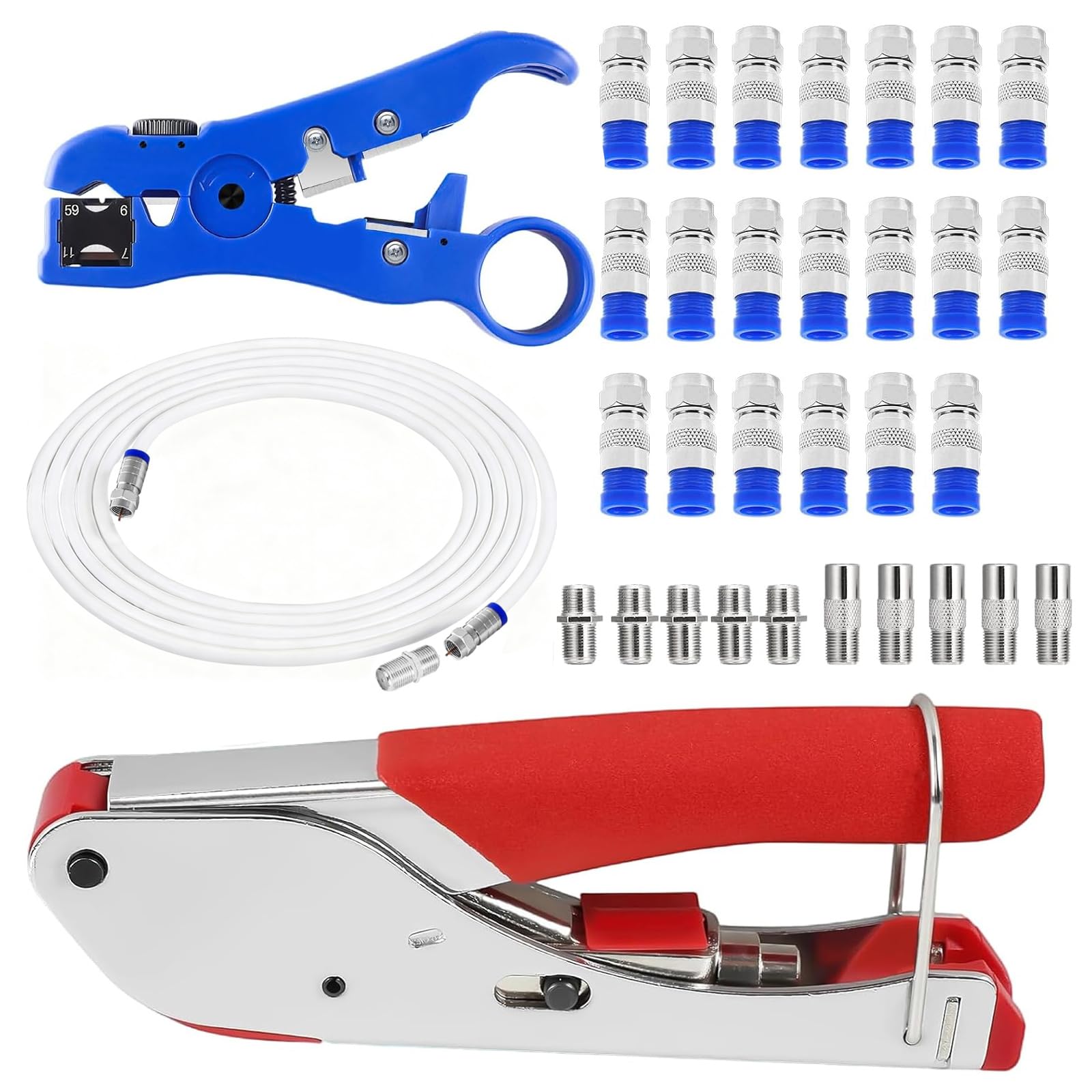Jukibole Set di pinze crimpatrici e dispellicanti, kit di pinze crimpatrici per cavi coassiali per SAT, cavi coassiali RG6/RG59, set di pinze a compressione – incluso 20 connettori F, cavo TV RG6