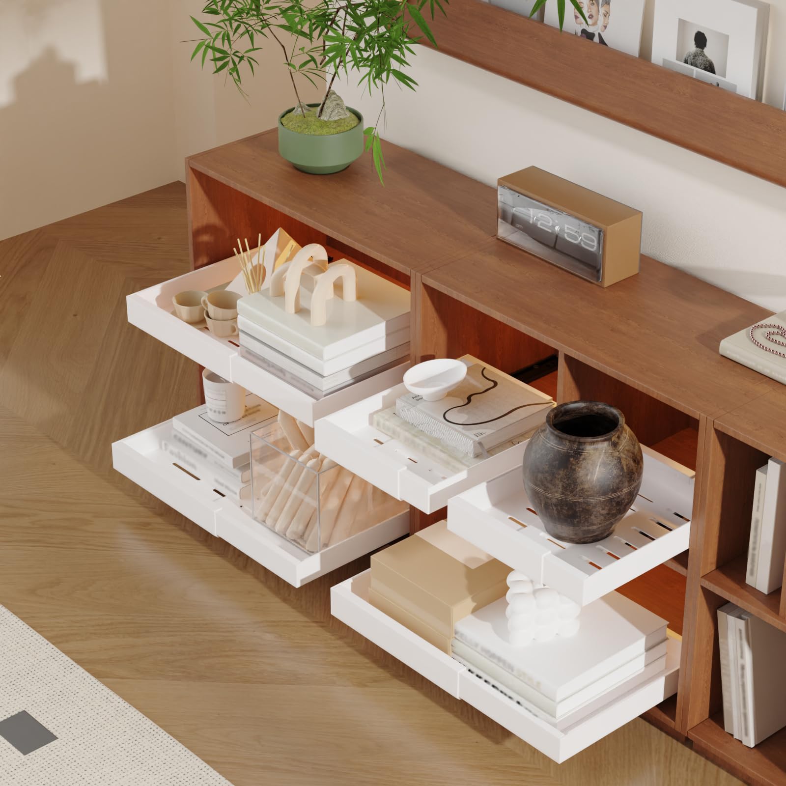 2 Stück erweiterbar ausziehbare schublade küche mit Kleber, Tiefe 42cm schrank organizer, Slide Out teleskopschublade Cabinet für Küche Organisation Einstellbare Breite 32-52cm, Weiß