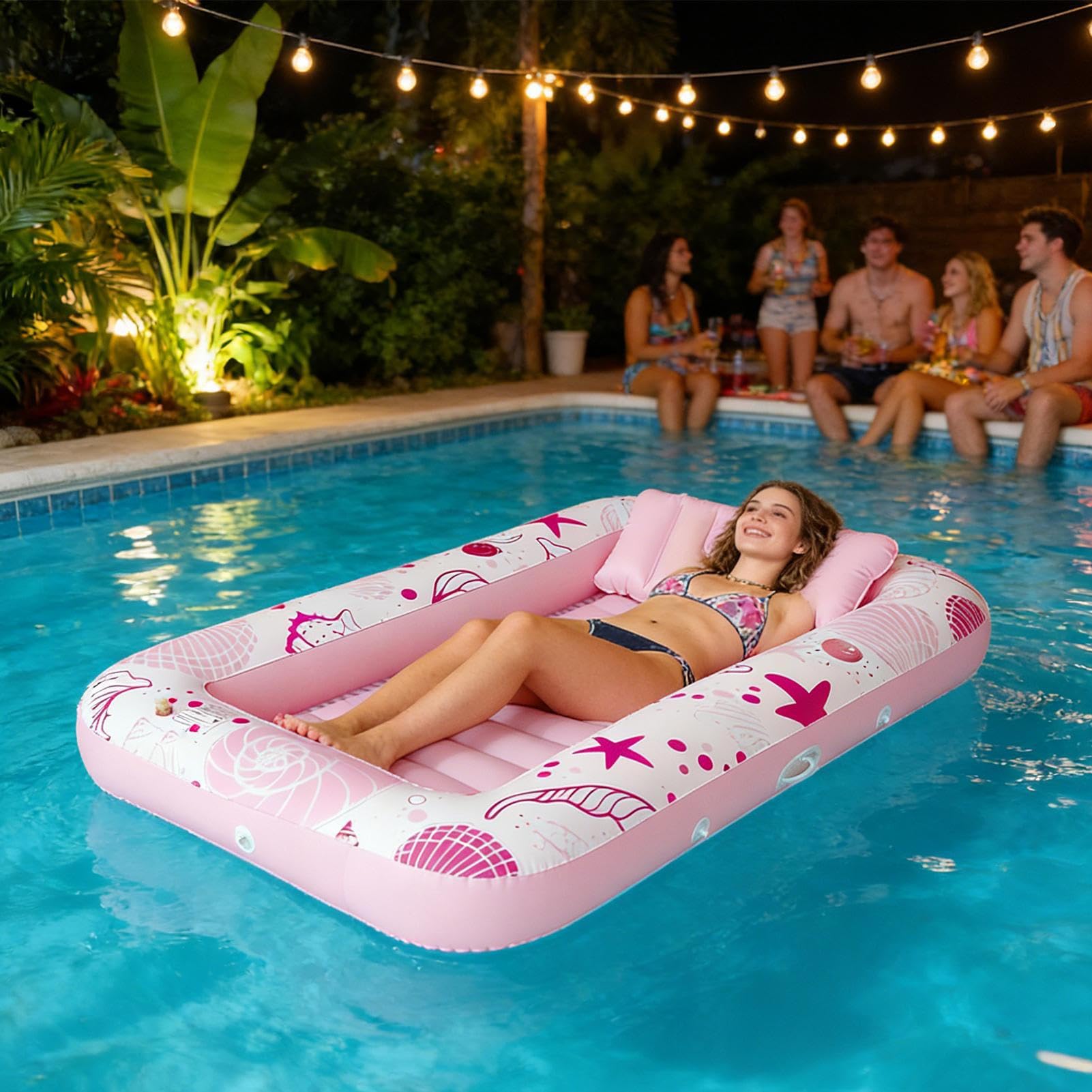 Balsa flotante para bañera de sol, flotador inflable para piscina con portavasos, tumbona de PVC azul y rosa para parejas, familia, tomar el sol, bronceado, playa, lago, resort, relajación de verano