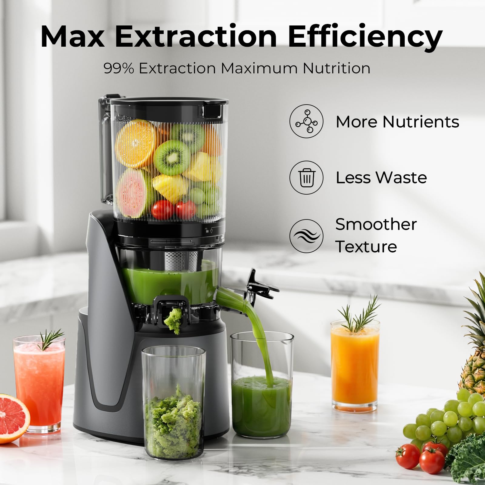 EanOruus Juicer Machines, 3-in-1 Cold Press Juicer with 6.5" Extra Large Chute, 100oz Large Capacity, AC Motor, Makes Juice, Nut Milk & Sorbet, Premium Gray