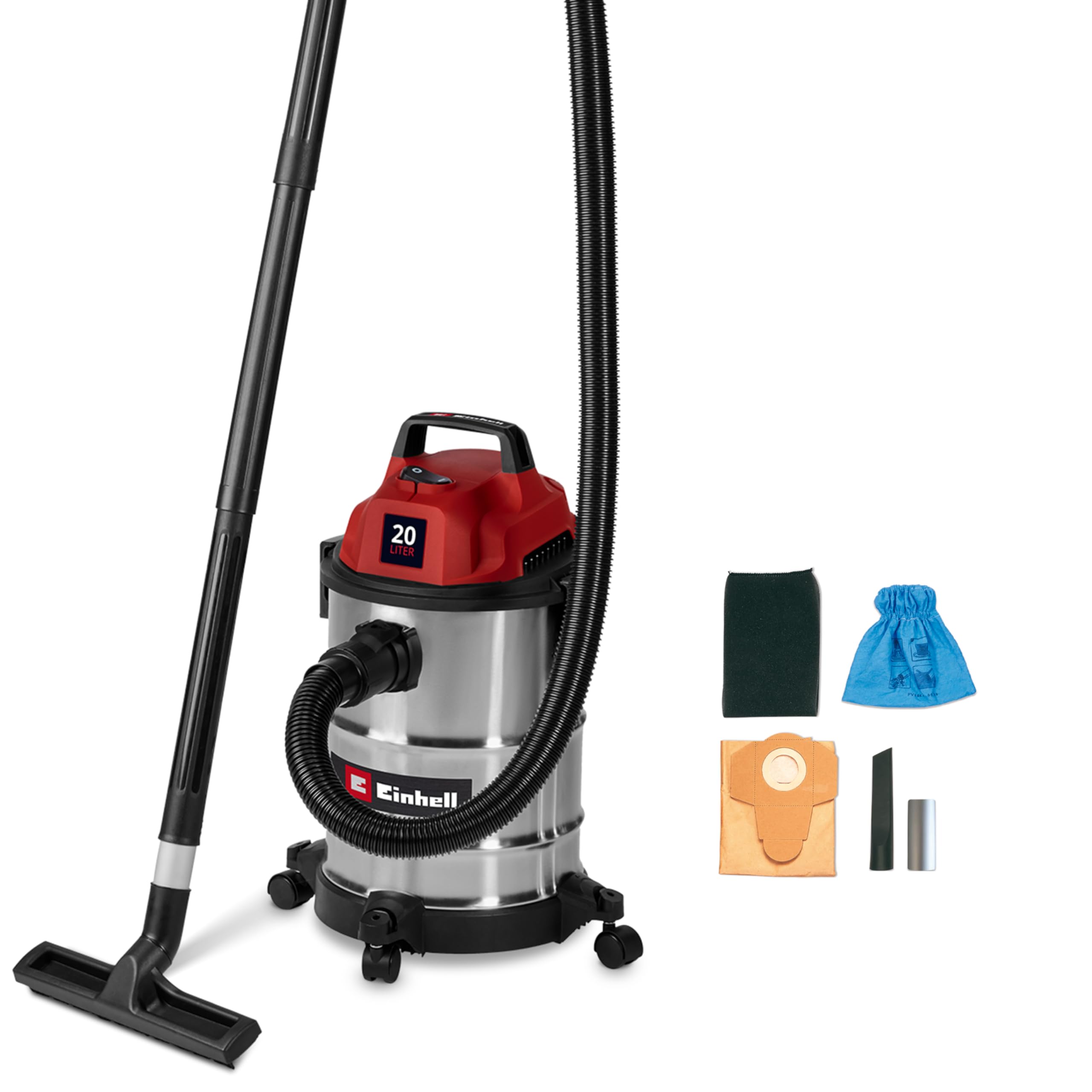 Einhell Wet and Dry Vacuum Cleaner 900W, 180 mbar Suction Capacity, 20L Stainless Steel Rollers, Accessory Bracket Including Various Filters and Nozzles TC-VC 2045 S