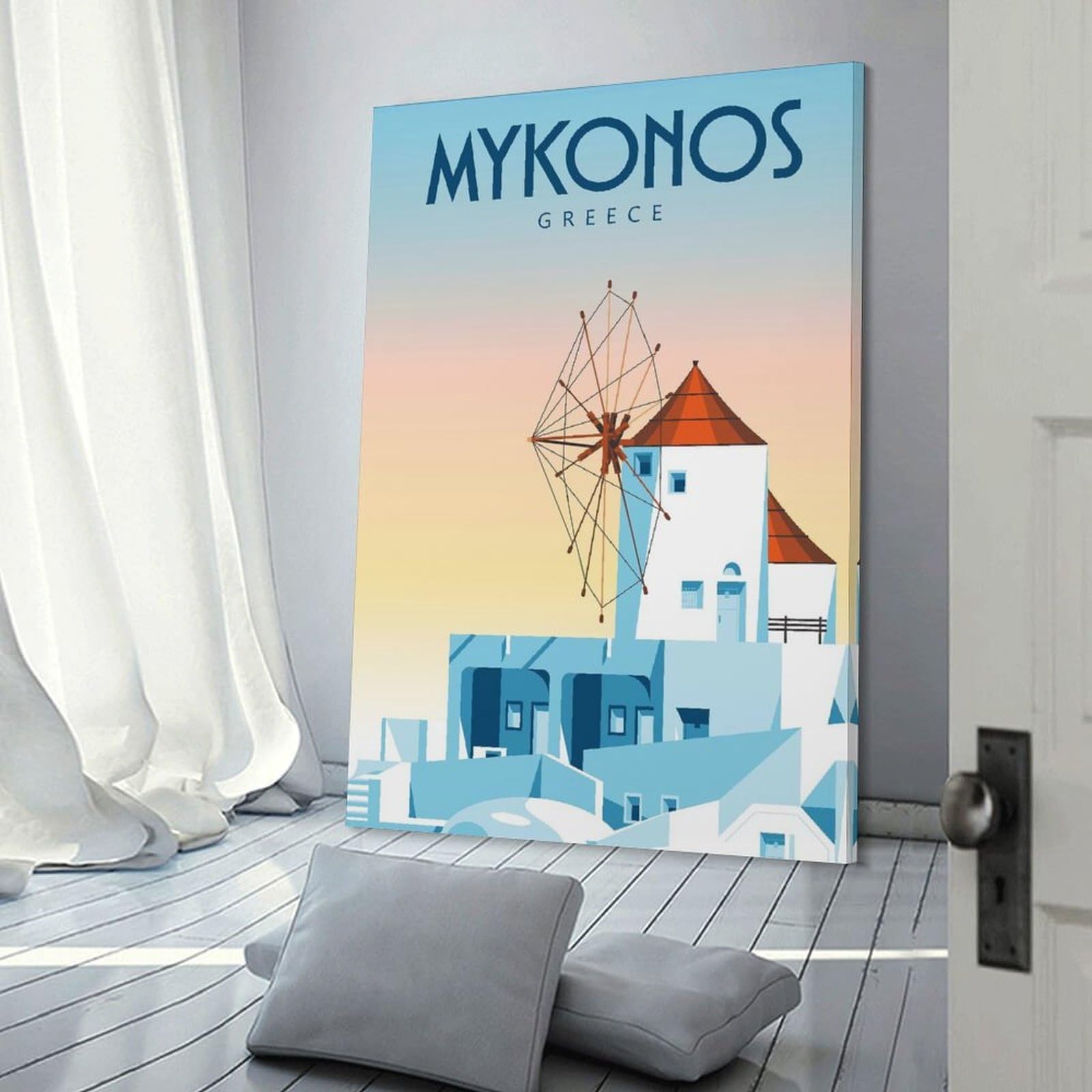 Junmoney Mykonos Hanging Wall Art, 16x24inch(40x60cm), for New Homes, Bedrooms Or Workspaces, Thoughtful Wall Decor for Art Lovers