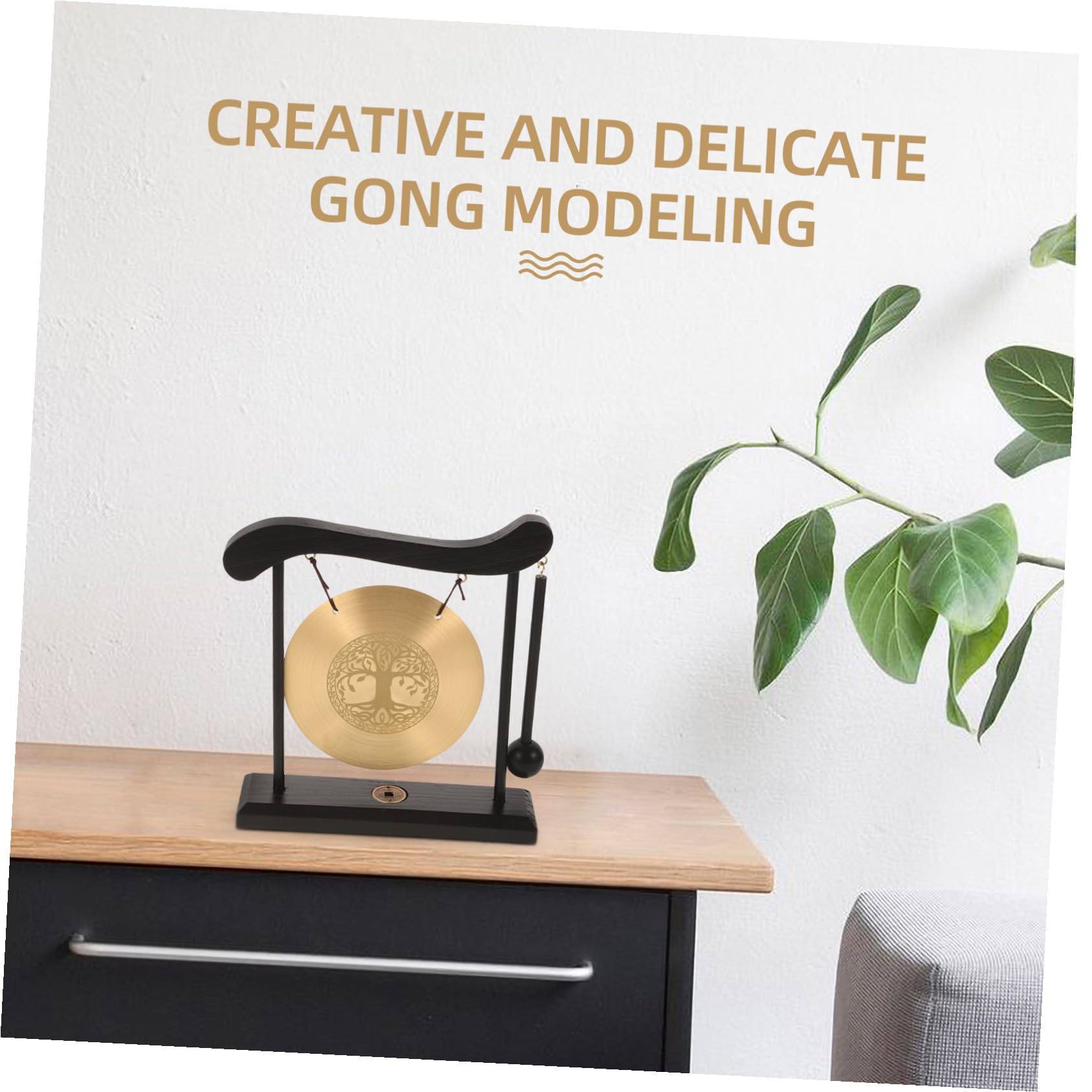 VILLCASE Gong de Escritorio de Cobre con Soporte y Adorno Decorativo Feng Shui para Hogar y Oficina Artesanía con Símbolos Auspiciosos y Sonido Relajante