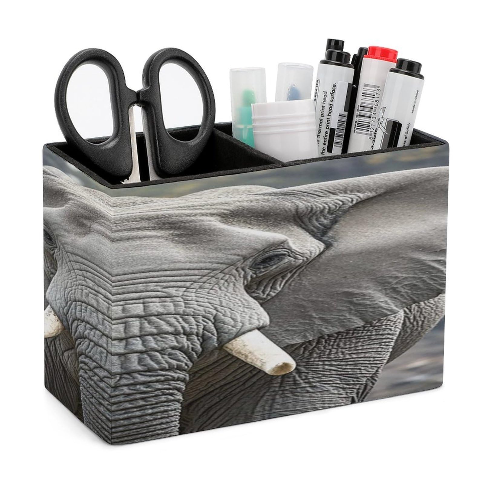 LZQPOEAS Gray Elephant Leather Pen Holder with 2 Compartments Luxury Pencil Holder Minimalist Pencil Cup Brush Scissor Holders Elegant Pen Cup for Office Home Desk Accessories
