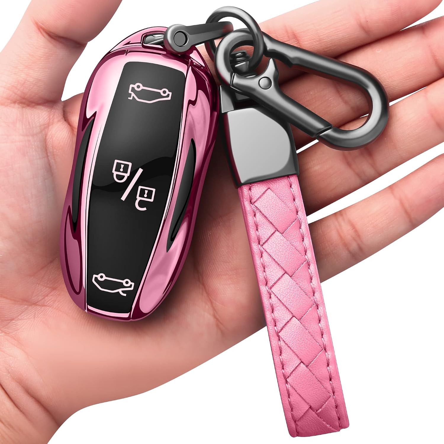 Premium Key Cases for Tesla Model S 3 Y Ultra-Thin and Ultra-Light Key Fob Cover Waterproof Keychain (Pink)