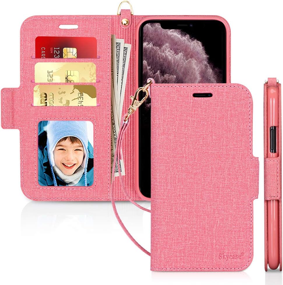 Skycase iPhone 11 Pro Max Case 6.5",[RFID Blocking] Handmade Flip Folio Wallet Case with Card Slots and Detachable Hand Strap for Apple iPhone 11 Pro Max 6.5" 2019,Pink