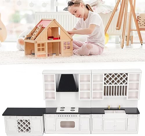 Miniatura 4 de Juego de gabinete de cocina de casa de muñecas 1/12 de madera de abedul en miniatura para decoración de casa de muñecas, gabinetes de cocina, juego