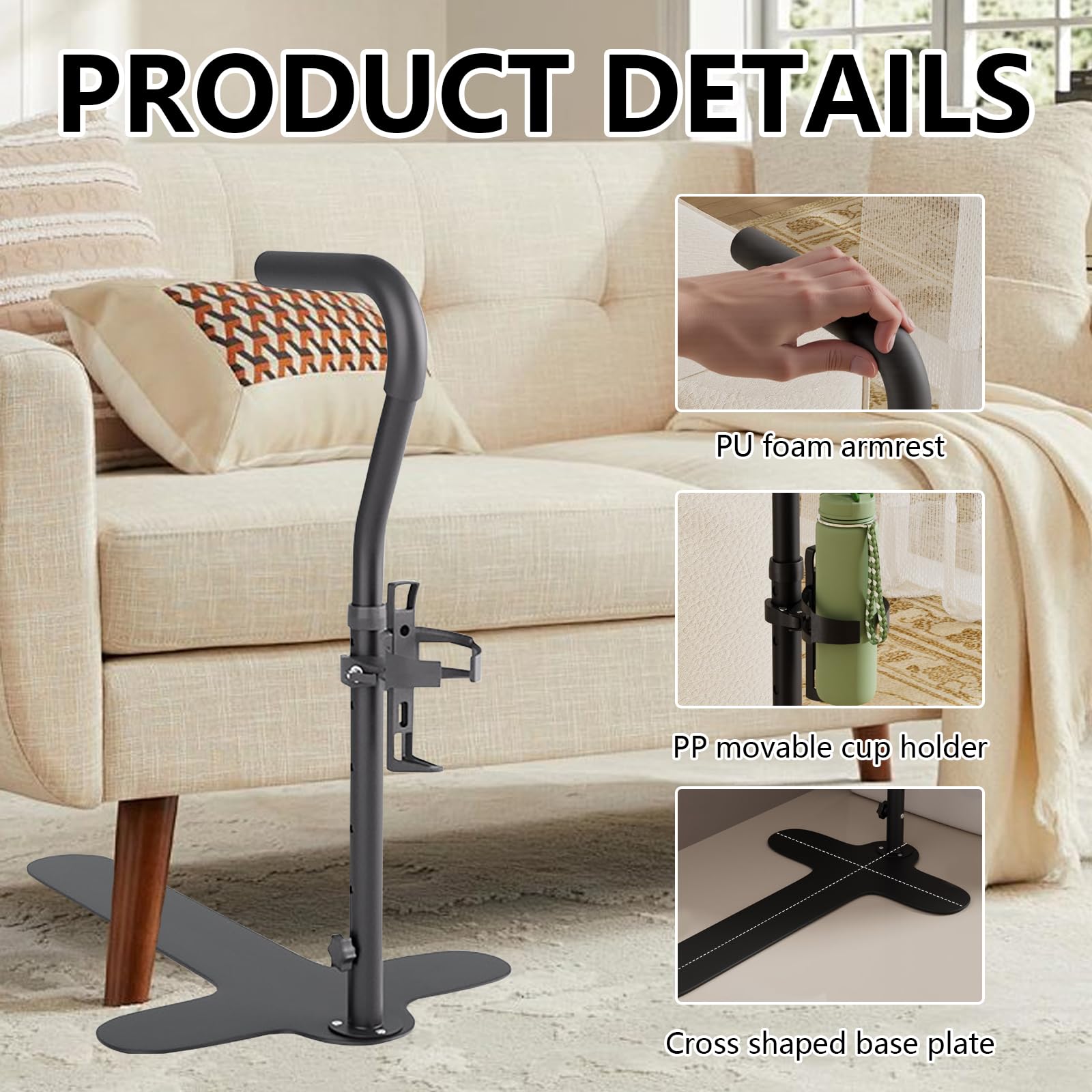 Ayuda Para Levantarse, Ayuda Sofá Barra De Apoyo Para Personas Mayores Con Portavasos 62-87 Cm Ayuda Para Levantarse De Altura Ajustable Para Sillón Asistencia Diaria Para Personas Con Discapacidad