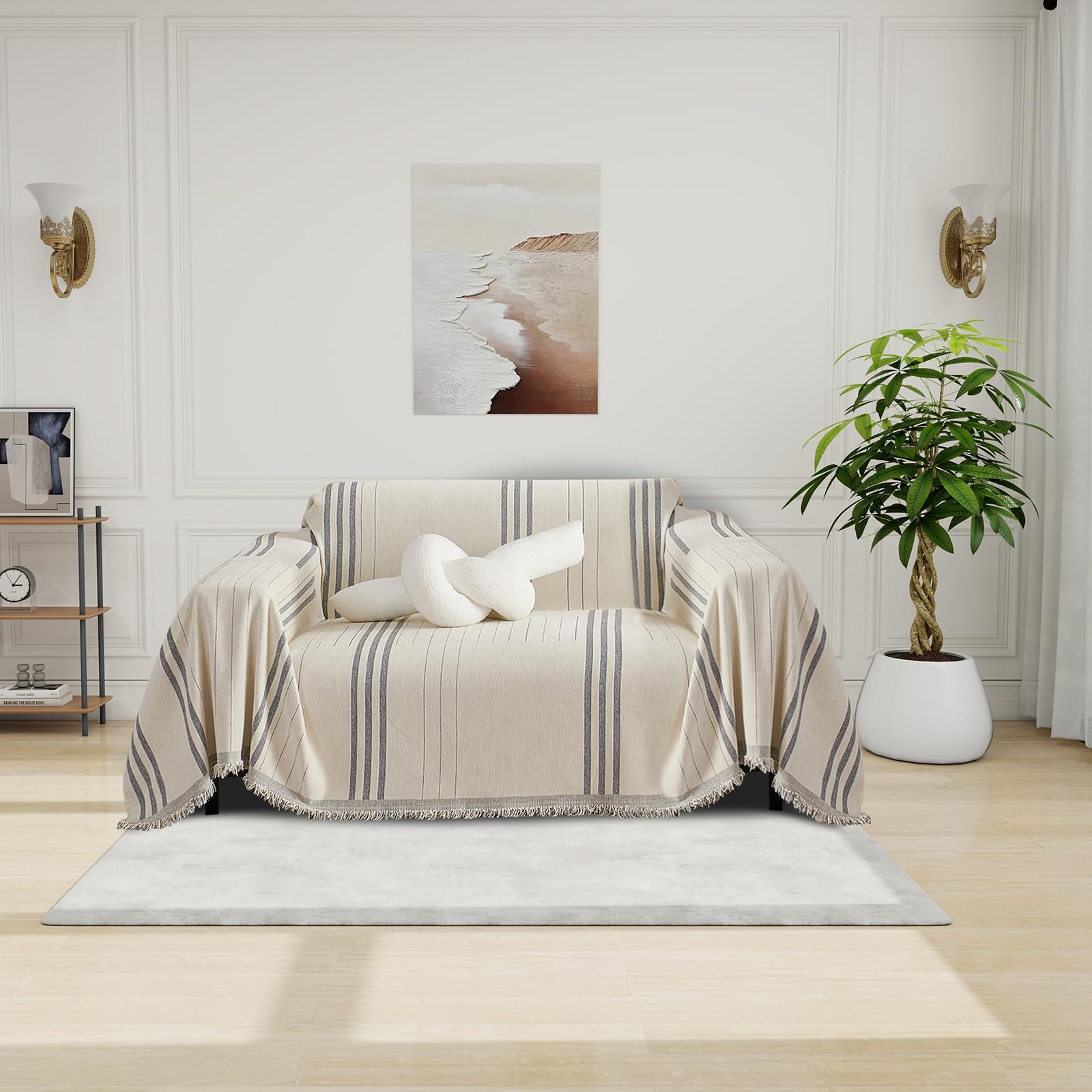 DREAMINGO Chenille Armchair Cover Jacquard Sofa Covers Washable Furniture Protector Recliner Couch Cover 1 Cushion Reversible Chair Cover Beige Light Grey Striped Couch Cover Blanket 71"x 71" — image 1