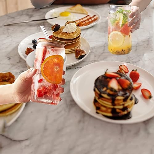 Miniatura 5 de Sohapy Juego de 4 vasos para beber, vasos en forma de lata con tapas de bambú y popote de vidrio, vasos de cerveza de 16 onzas, vaso, tazas de vino