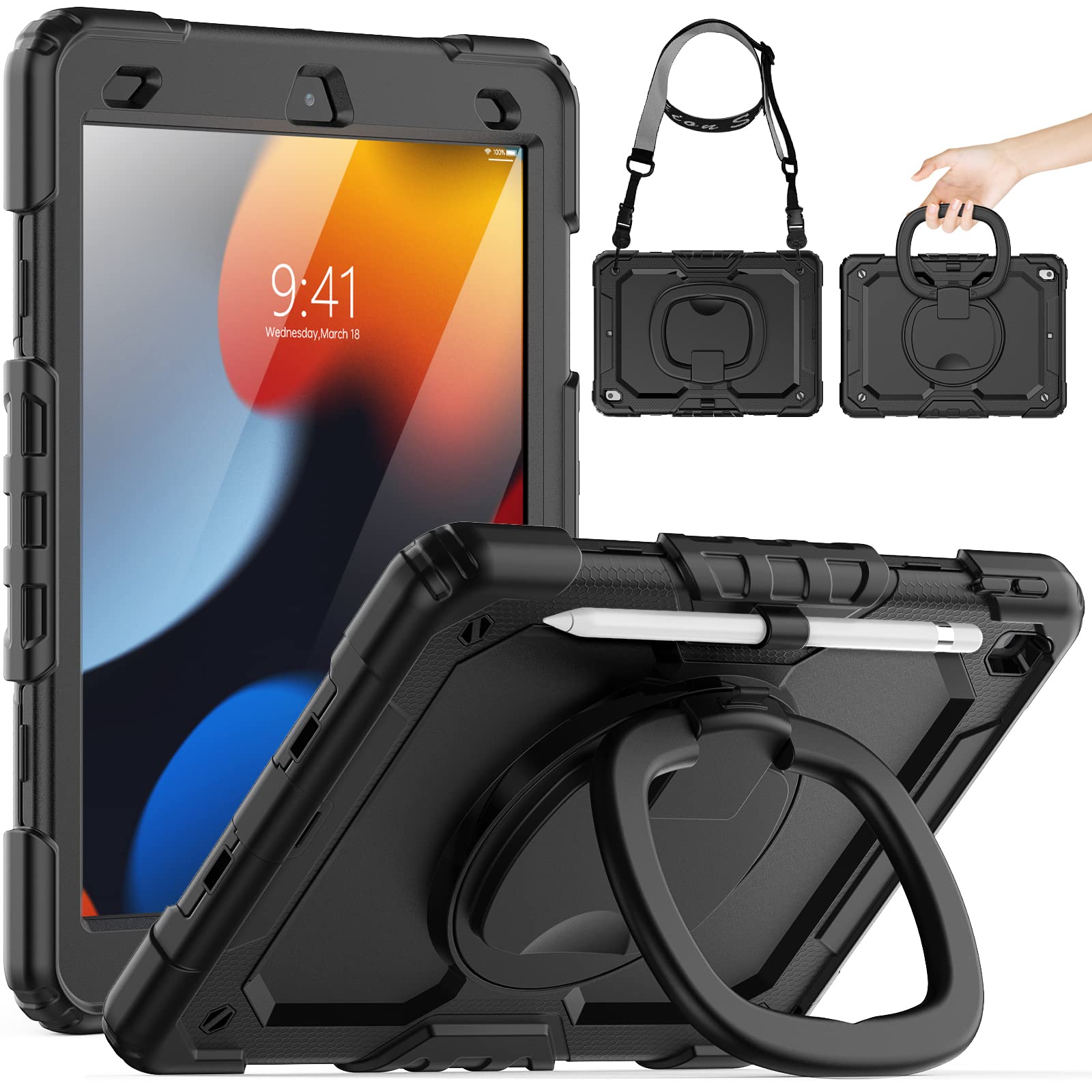 SEYMCY for iPad 9th/8th/7th Generation Case 10.2 inch, Shockproof Cover with Screen Protector, 360° Rotating Hand Grip Stand, Carrying Strap, Pencil Holder for iPad 2021~2019, Black