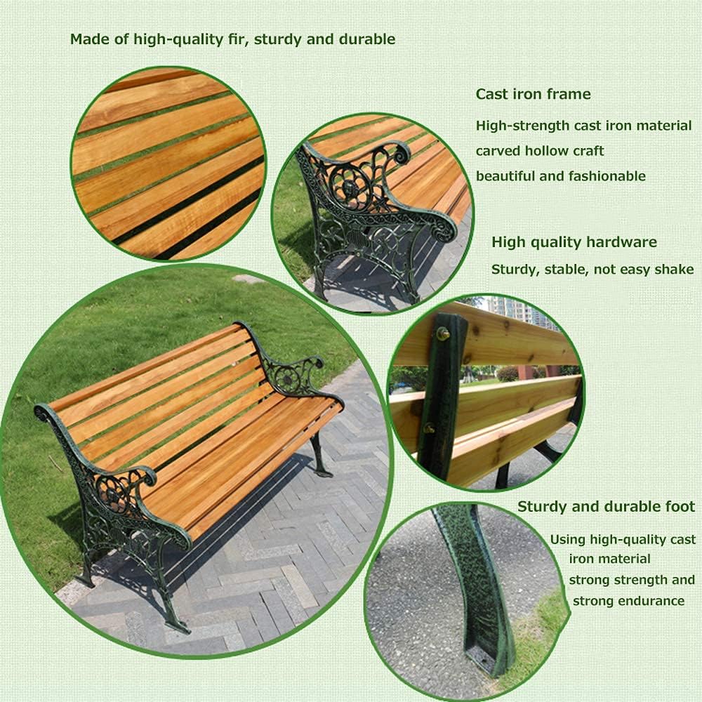 Park Terrace Bench Outdoor Leisure Bench Weatherproof and Anticorrosive Solid Wood Cast Iron Garden Benches with Backrest and Armrest 2-3-seater Bench (150X45X19CM) (150X45X19CM)