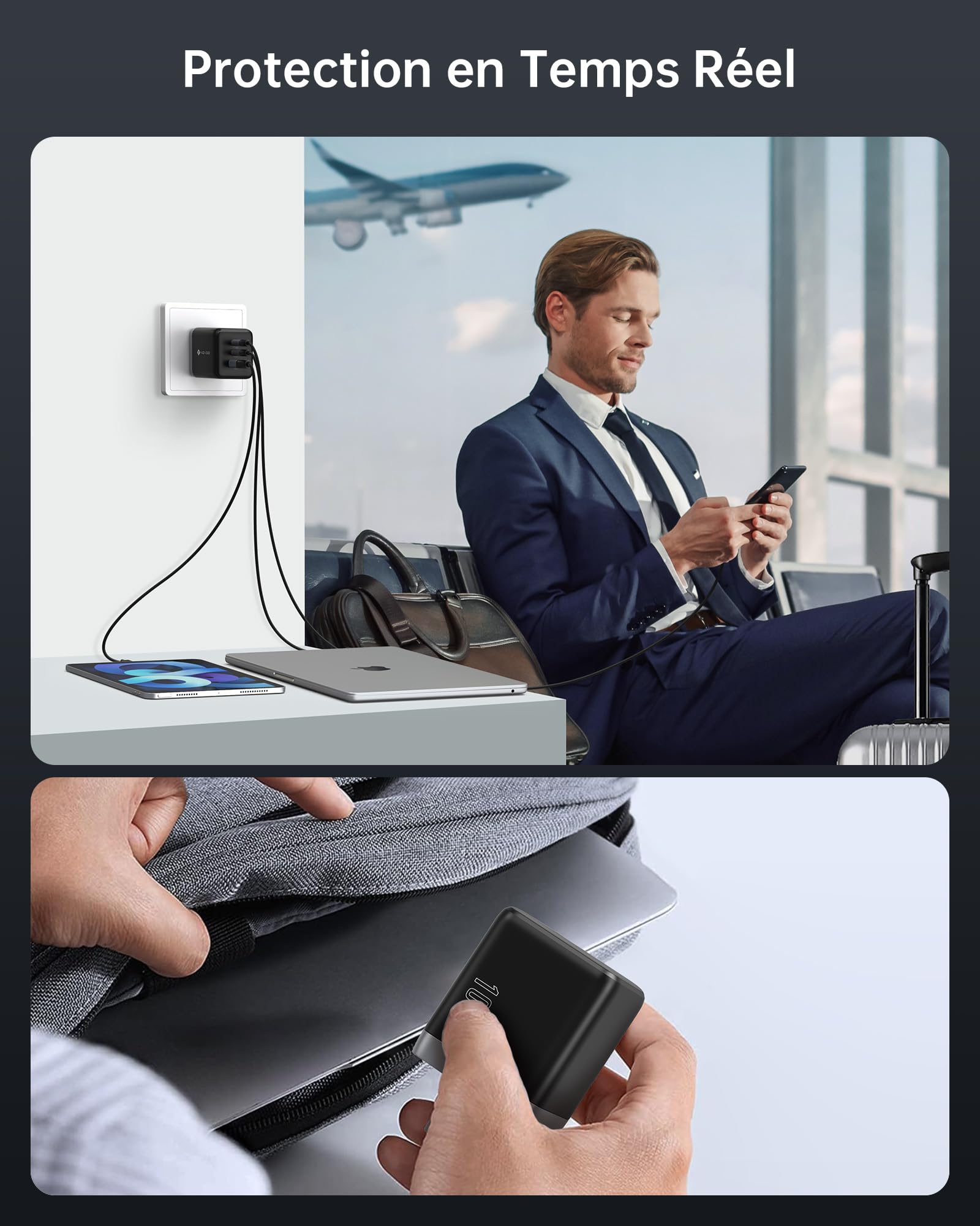 NOVOO 100W Chargeur USB-C Rapide，Prise USB C à 3 Ports, Adaptateur Compatible avec iPhone 16 Plus Pro Max, Galaxy PPS 45 W, S24 Ultra, S23, S22, Pixel, iPad, MacBook Air, Noir