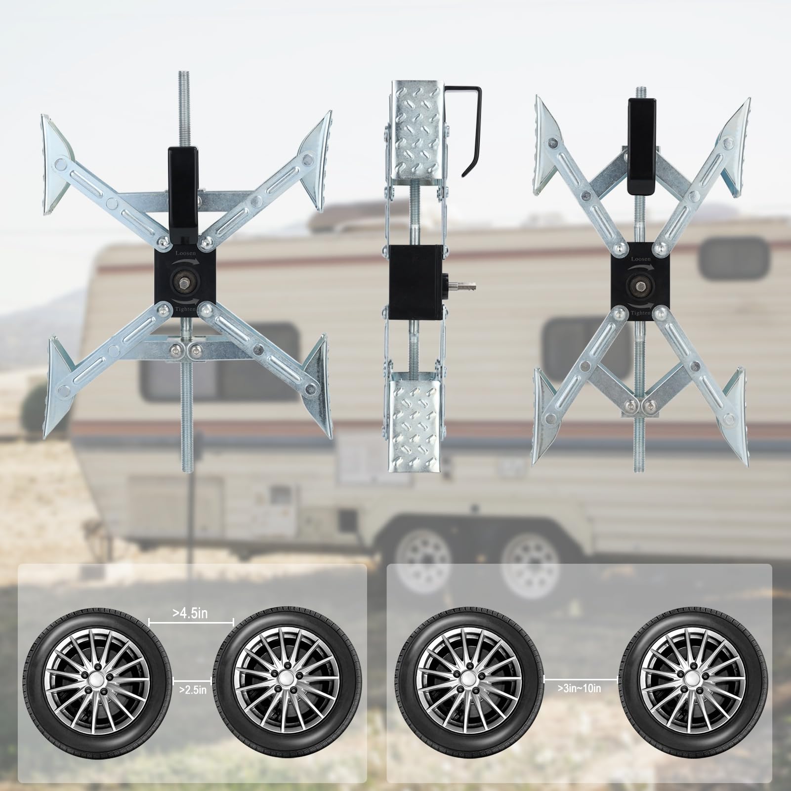 Yokawe Stabilizator koła, stabilizator koła w kształcie litery X, stabilizator koła do przyczepy podróżnej z adapterem klucza, srebrny