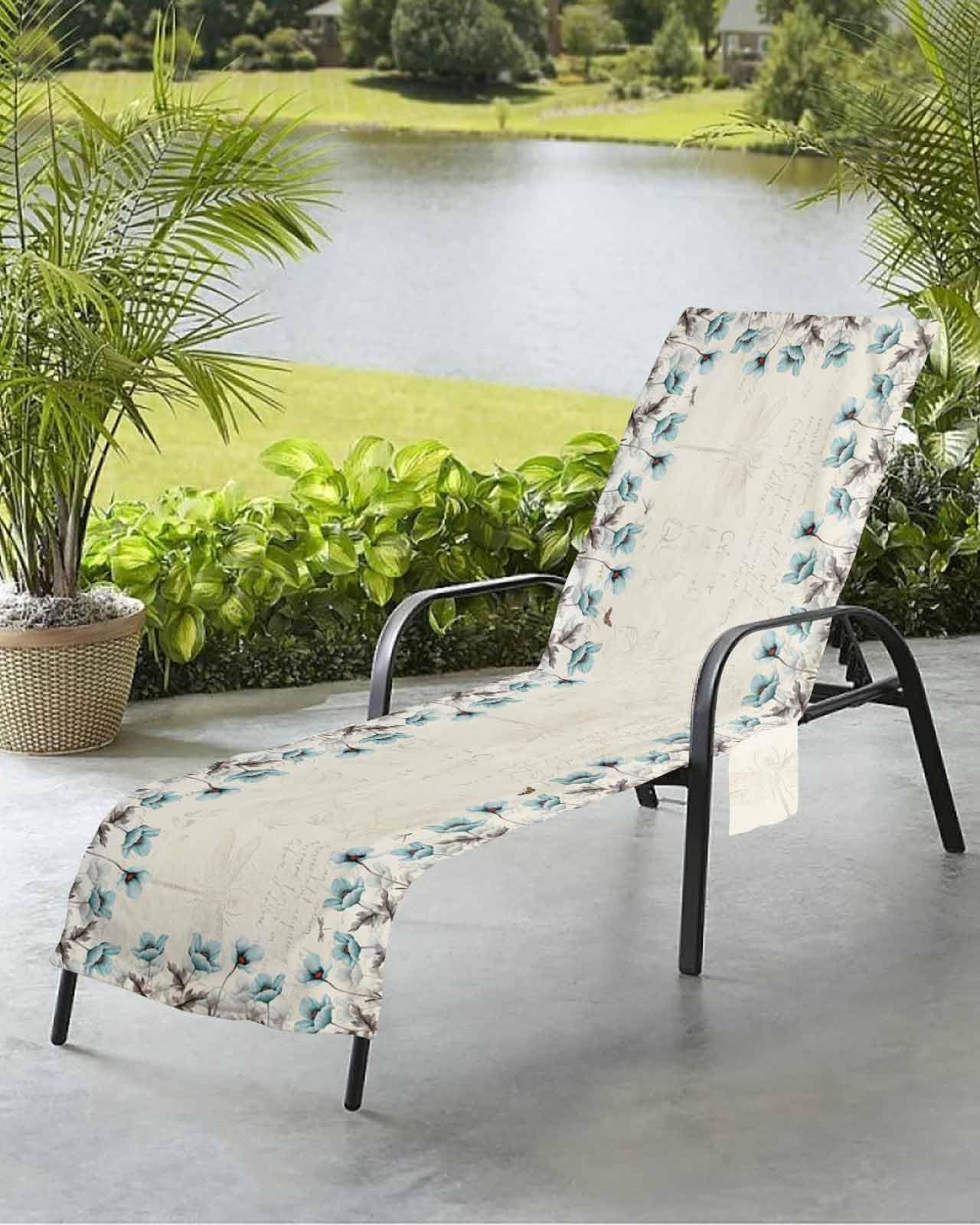 Teal Tulip Floral Beach Chair Towel Covers for Chaise Lounge with Side Pocket, Soft Plush Pool Towels Cover for Patio Sunbathing Outdoor 29''x85'' Rustic Vintage Flower Aesthetic Leaves