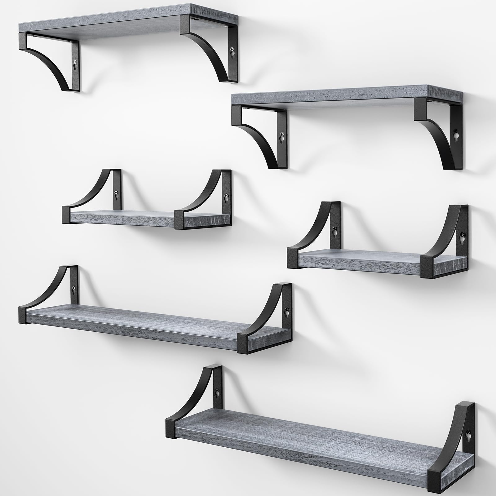 Amada Floating Shelves, 6 Rustic Wood Shelves with Heavy Duty Metal Frame, Up to 55lbs, Wall Shelves for Bathroom/Bedroom/Living Room/Kitchen, Floating Book Shelves for Wall Storage & Dรฉcor