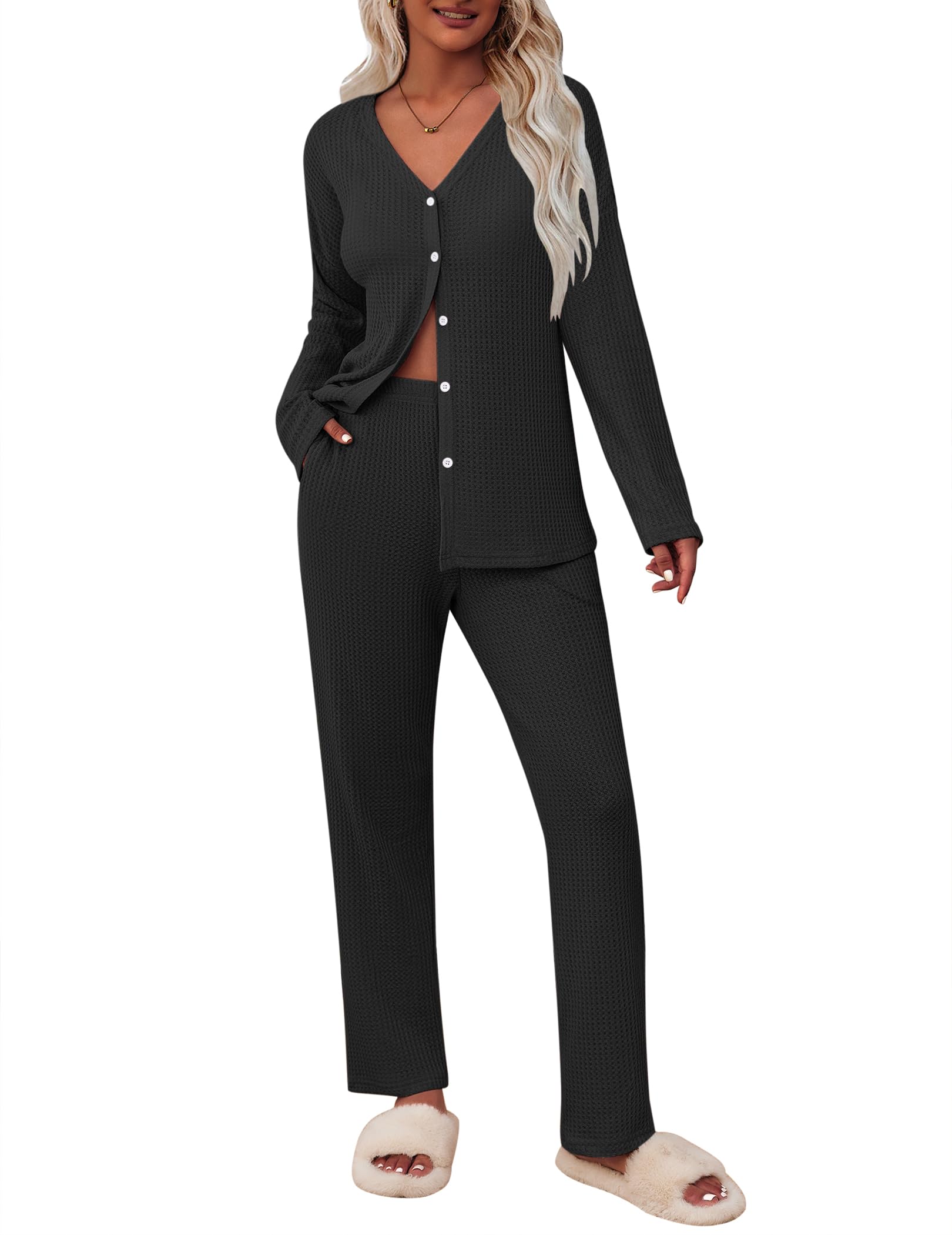 ACEVOG 2 Piece Waffle Knit Pajamas For Women Lounge Sets Long Sleeve Button Down Pajama Sets with Pockets