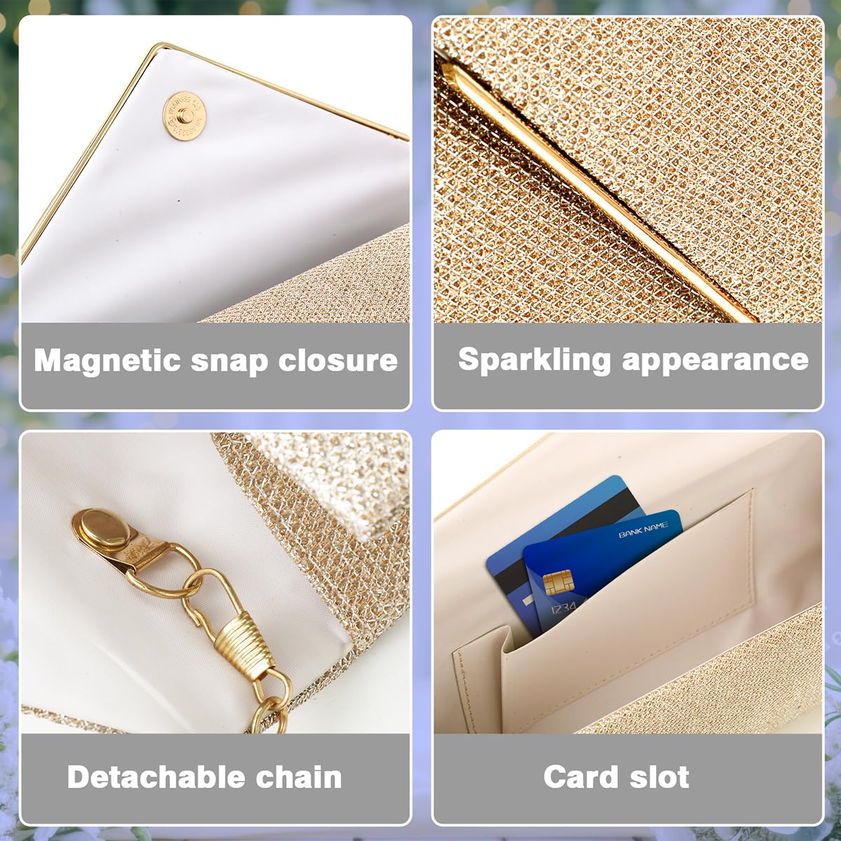 Clutch Purses for Women,Evening Bag Envelope Clutch with Detachable Chain Sparkle Elegance