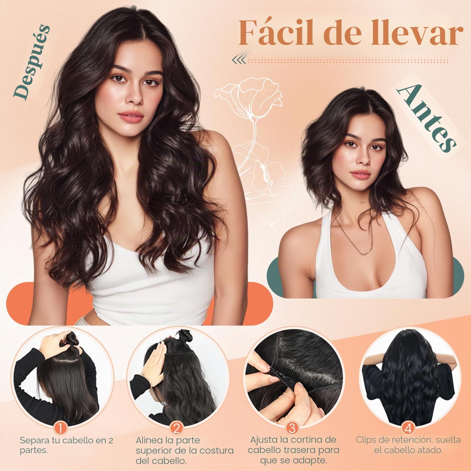 Benehair Extensiones de Alambre de Cabello Humano, 65g Una Sola Pieza Invisibles Extensión, Ajustables de Cabello Humano Extensiones, Halo de Alambre de Cabellera Real, 45CM #4RP27R
