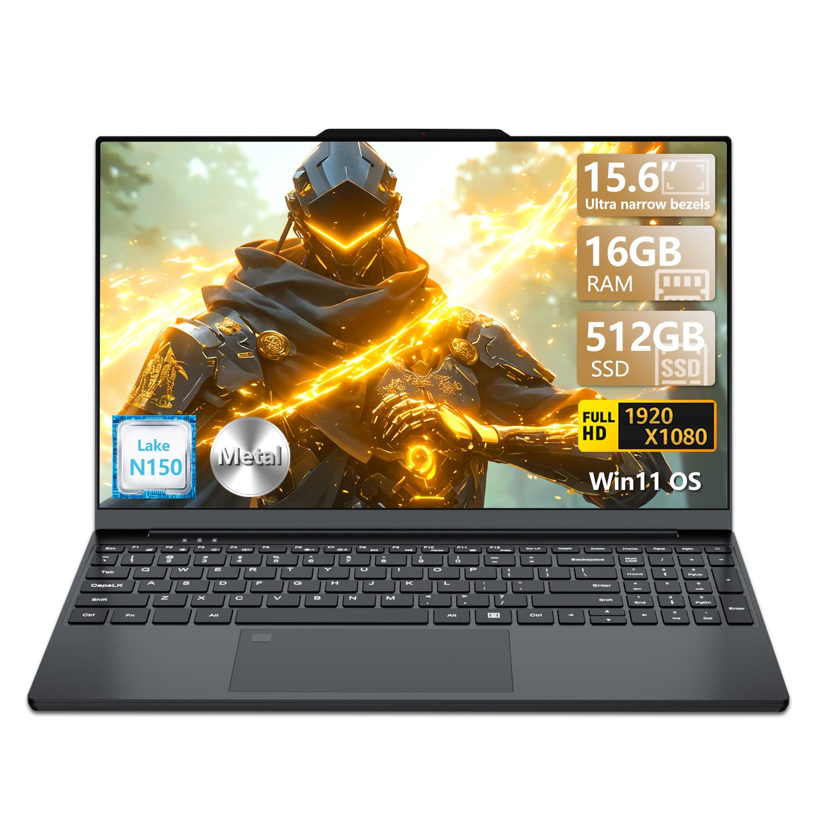 PC Portatile 16GB RAM 512GB SSD, Win 11 OS Notebook Twin Lake-N150 CPU, 15.6 Pollici Laptop FHD 1920*1080, Tastiera Retroilluminata+Sblocco Impronta Digitale, WiFi5+USB3.0+BT4.2+Webcam+Mini-HDMI