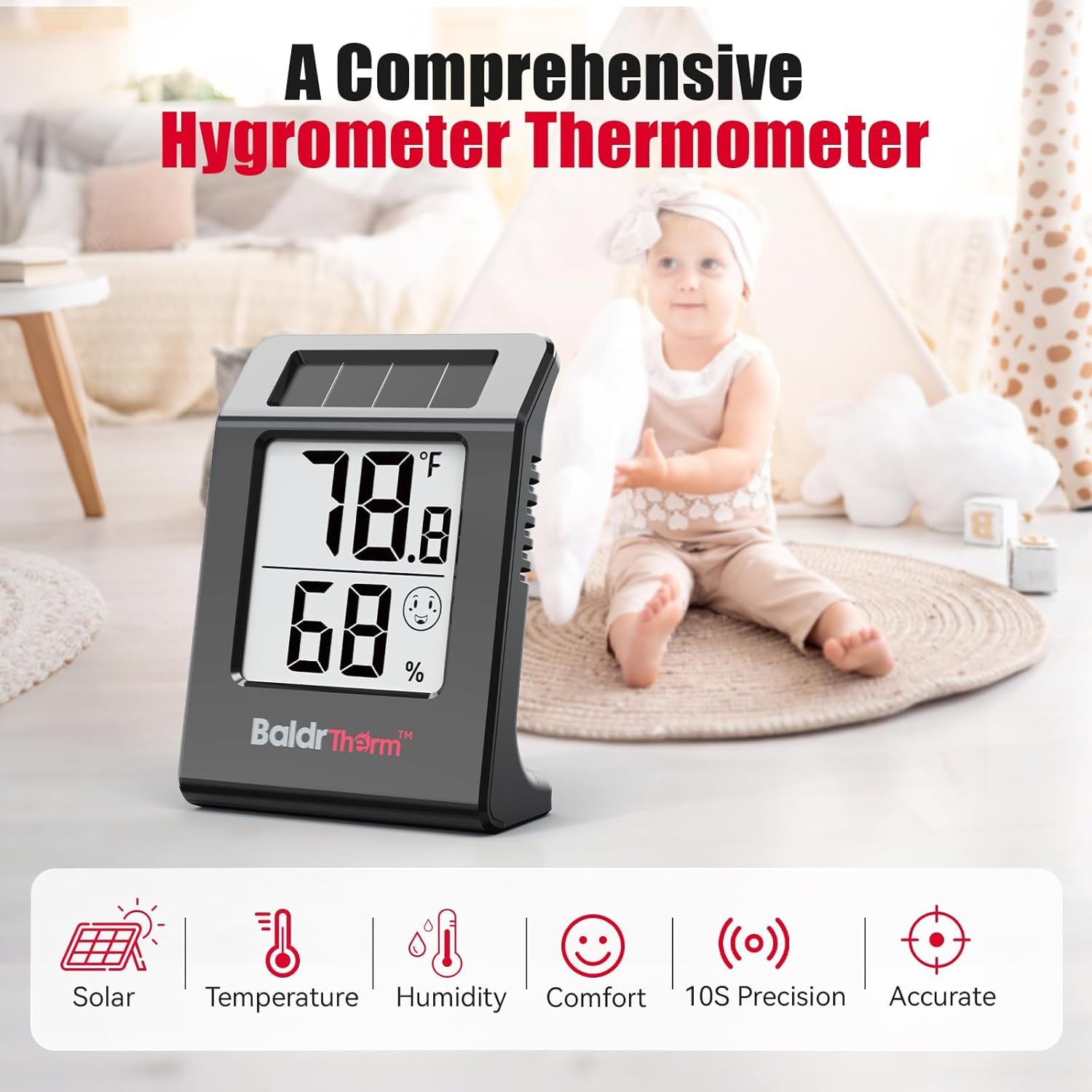 Termómetro digital e higrómetro de 2.2 pulgadas, monitor de humedad con sensor de temperatura interior alimentado por energía solar, medidor de humedad para habitaciones de bebé, dormitorios, hogar