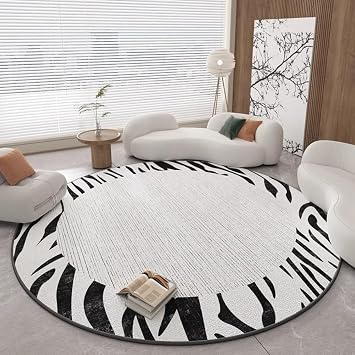 Modern Contemporary Abstract Black White Zebra Stripes Bordered Round Area Rug for Living Room Bedroom Dining Kitchen Homeoffice Soft Wool Shag Circular Carpet Art Deco Indoor Floorcover Rug 7ft