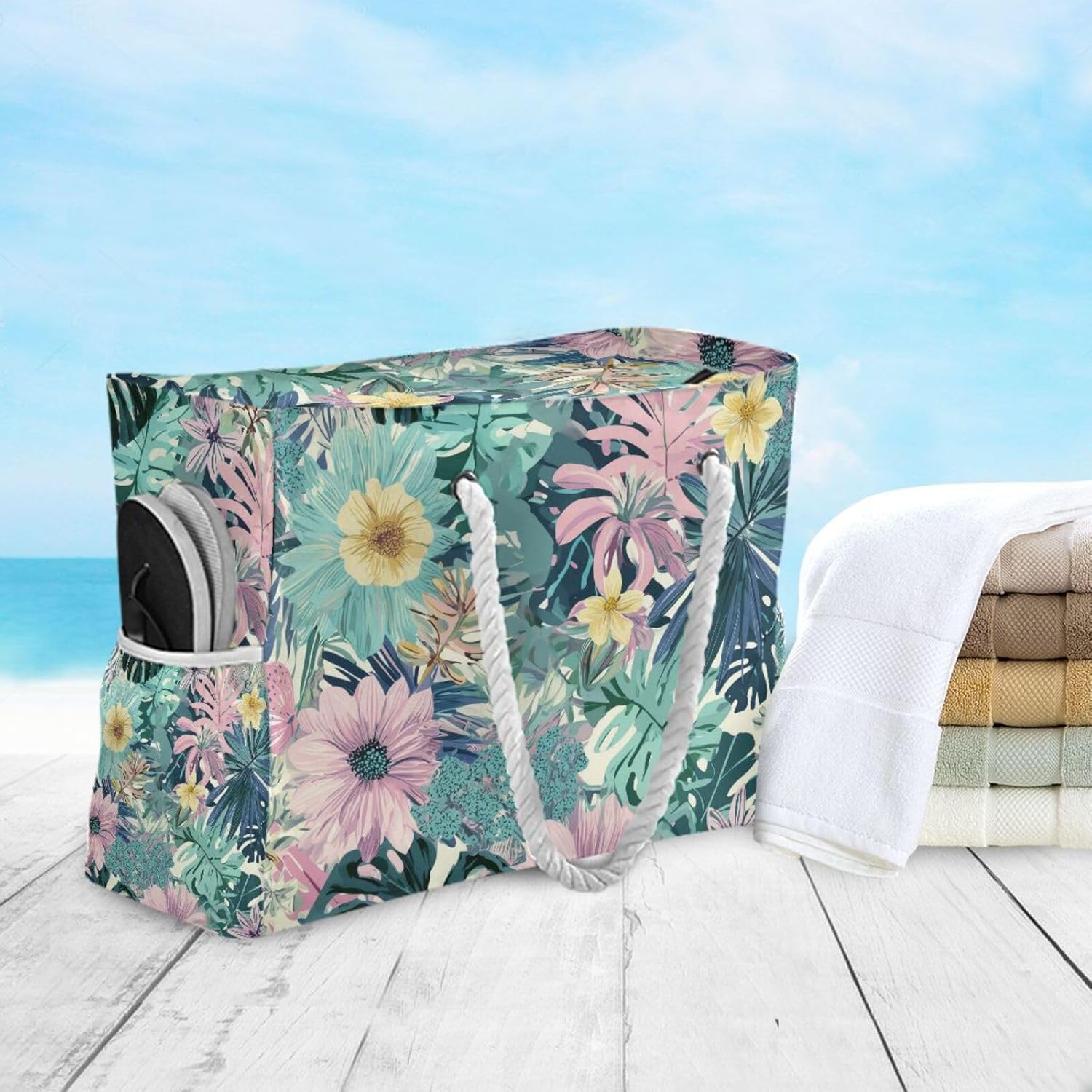 OTVEE Tropical Leaves and Pink Flowers Beach Bags for Women Ladies Large Canvas Tote Shoulder Bag Waterproof Travel Bags for Gym Swim Pool Camping