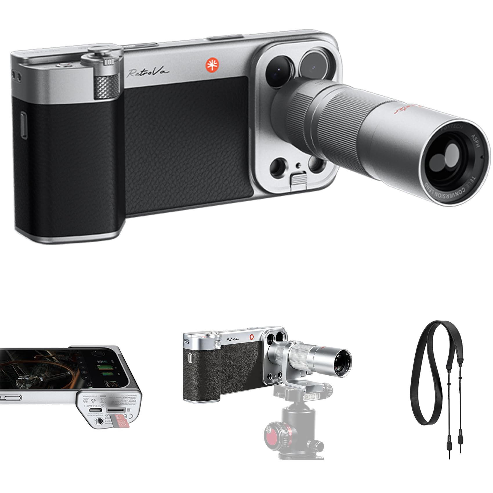 PGYTECH RetroVa Coffret Tout-en-Un iPhone 17 Pro Max, avec Téléobjectif 2.35x, Coque Vintage, Poignée Bluetooth pour Smartphone,Slot MicroSD, Filetage 1/4"-20, Support de Trépied & Dragonne