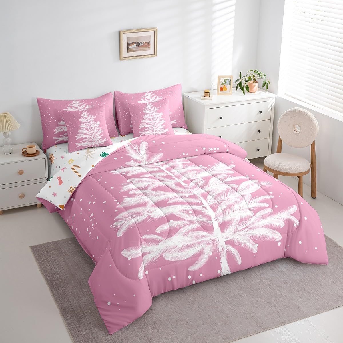 Erosebridal 7 Pcs Pink Christmas Twin Bedding Set,Christmas Tree Comforter Set for Girls,Winter Magical Snowflake Floral Bed in a Bag,Abstract Feather Snowy Flowers Xmas Sheet Set with Comforter