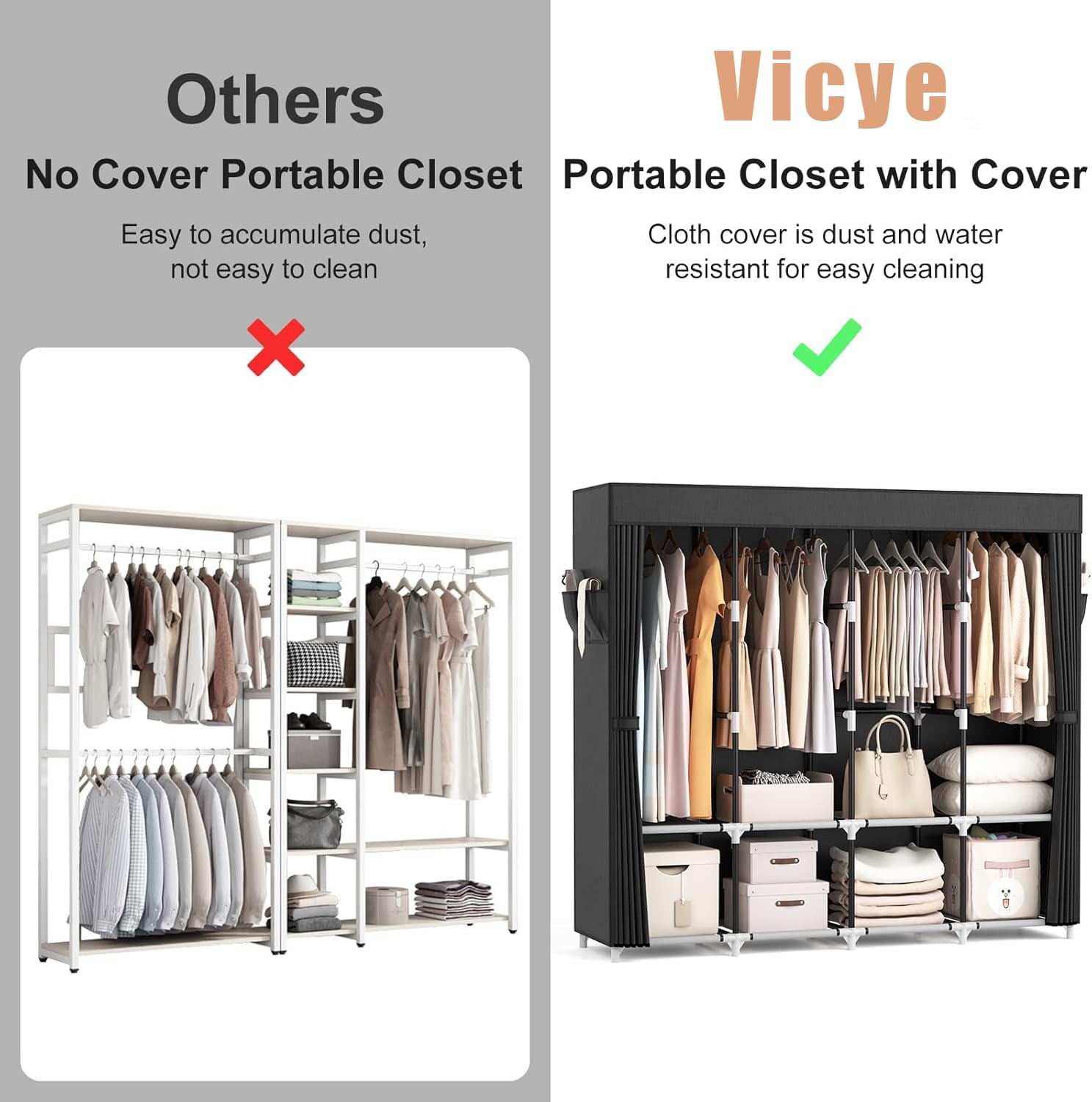 Armoire de Rangement, Penderie Portable - 170 cm de large - Grande capacité - Avec couvercle,4 étagères de rangement et 4 barres de suspension-Armoire en tissu autonome robuste pour chambre à coucher