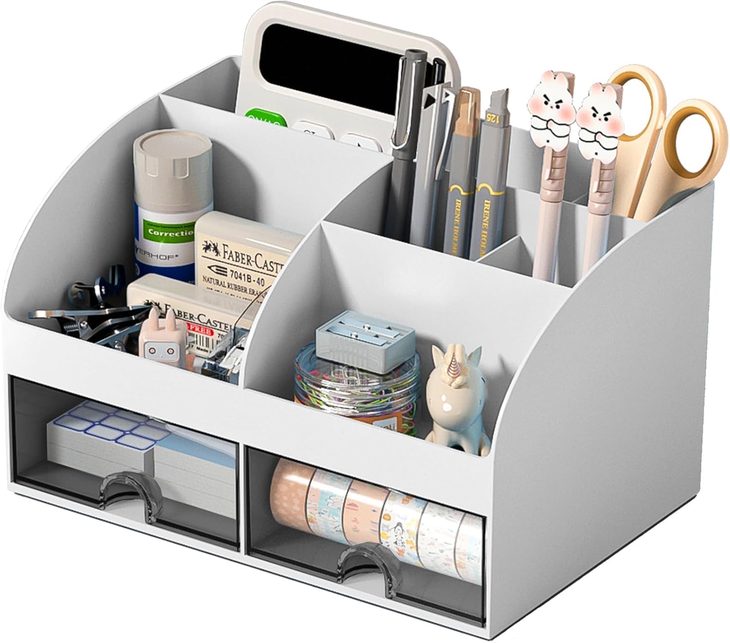 Zeinwap ABS Multifunctional Desk Organiser with 6 Compartments & 2 Drawer Desktop Office Supplies Stationery Storage Box for Pens Staplers Clips Sticky Notes Mobile Holder - White
