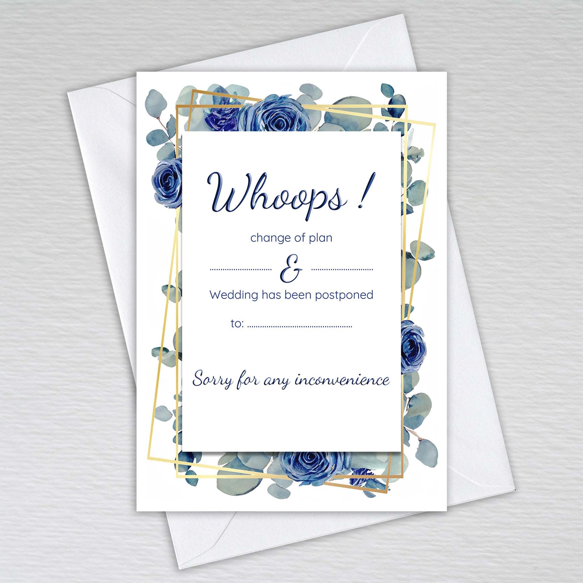 Pack of Change the Date Cards with Envelopes: Navy Rose with Dusty Blue Eucalyptus Wedding Postponal Cards (Pack of 50 with Envelopes)