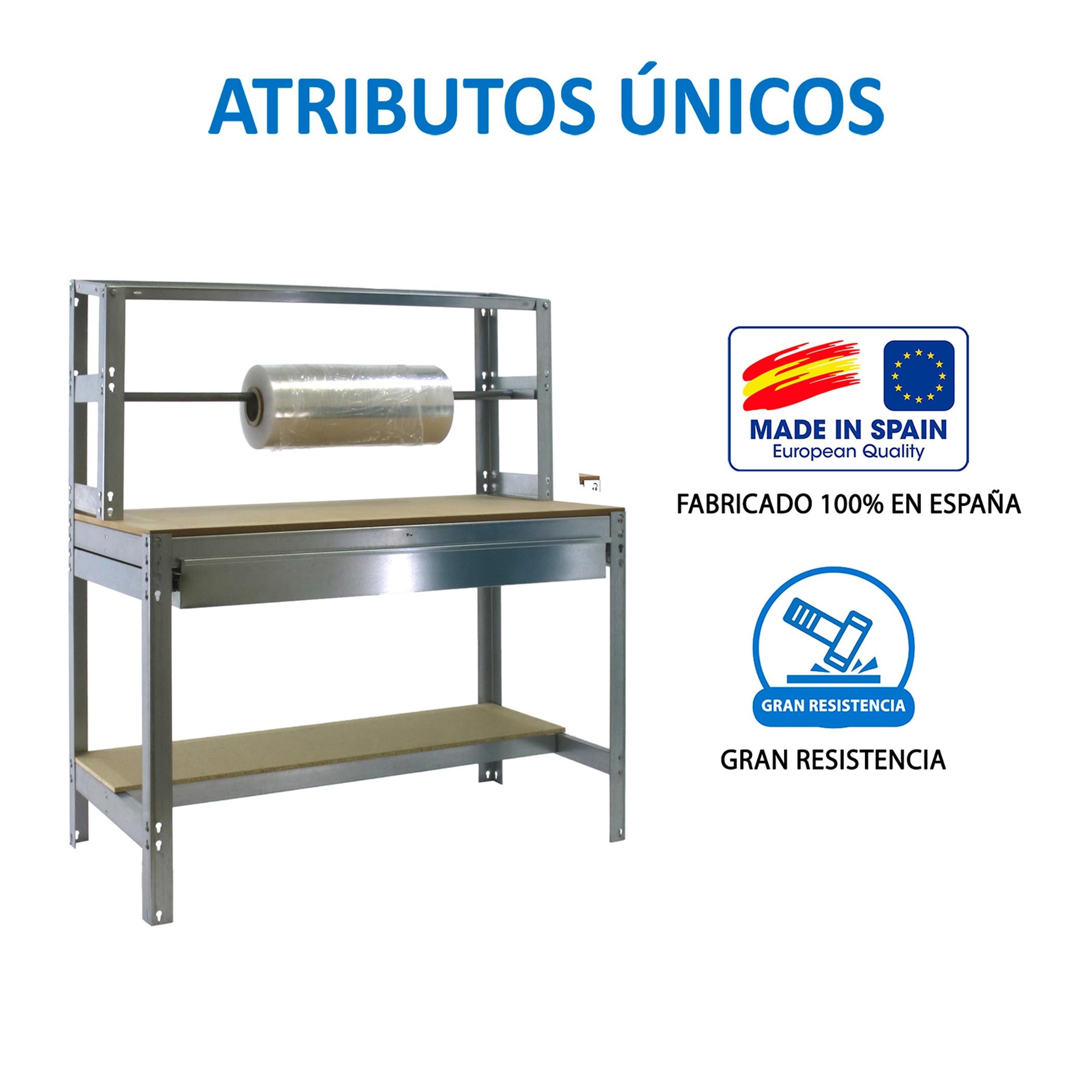 Simon Rack Banco de Trabajo con Porta Rollo y cajón 910x760 mm - BT4 | Tablero madera 16 mm, Capacidad Carga 400 kg, Galva , Pintura anticorrosión, Montaje sistema clic