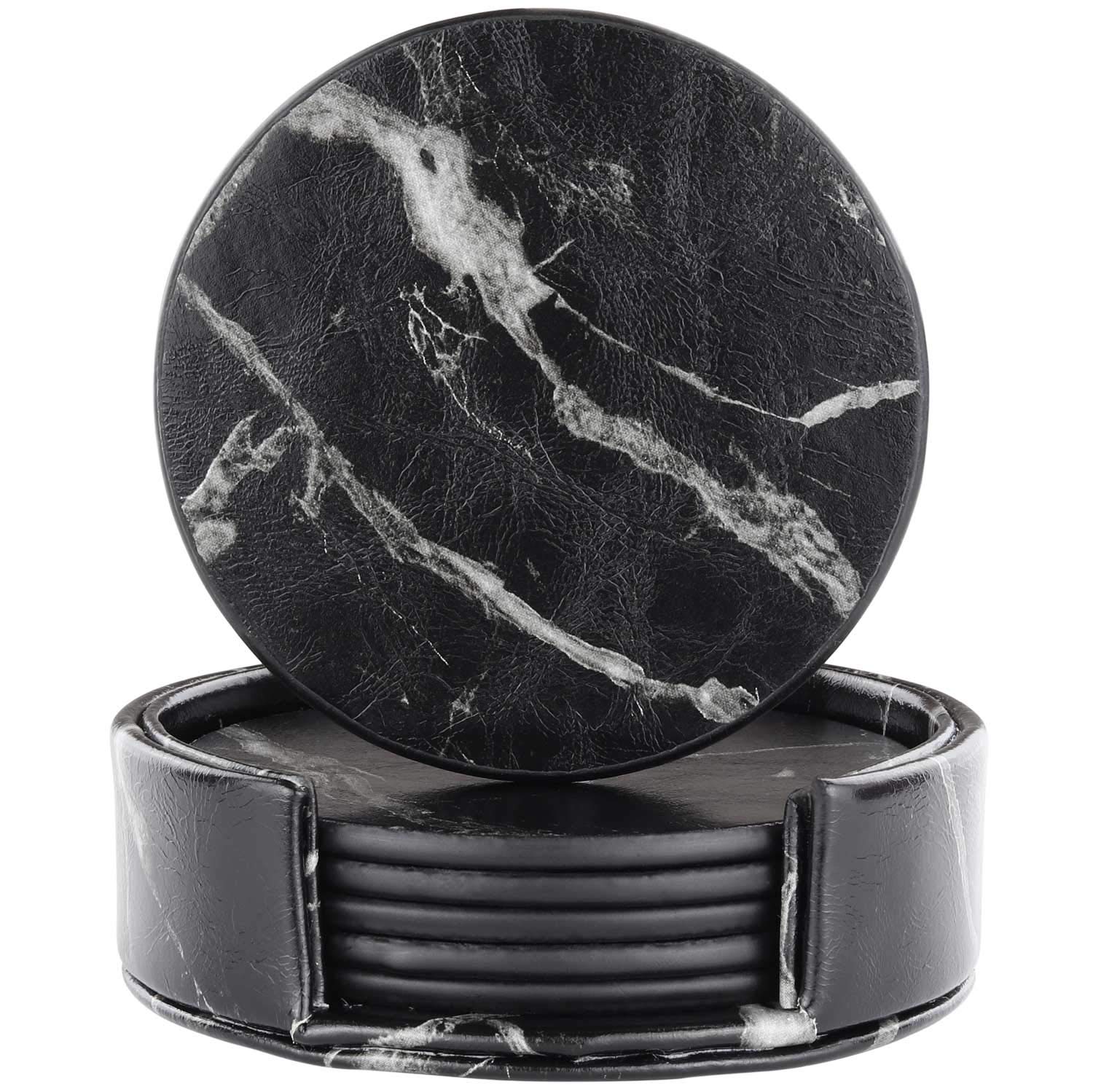 Leather Coasters with Holder Set of 6,Black Marble Coasters for Drinks,Funny Housewarming Gift,Round Cup Mat Pad for Home and Kitchen